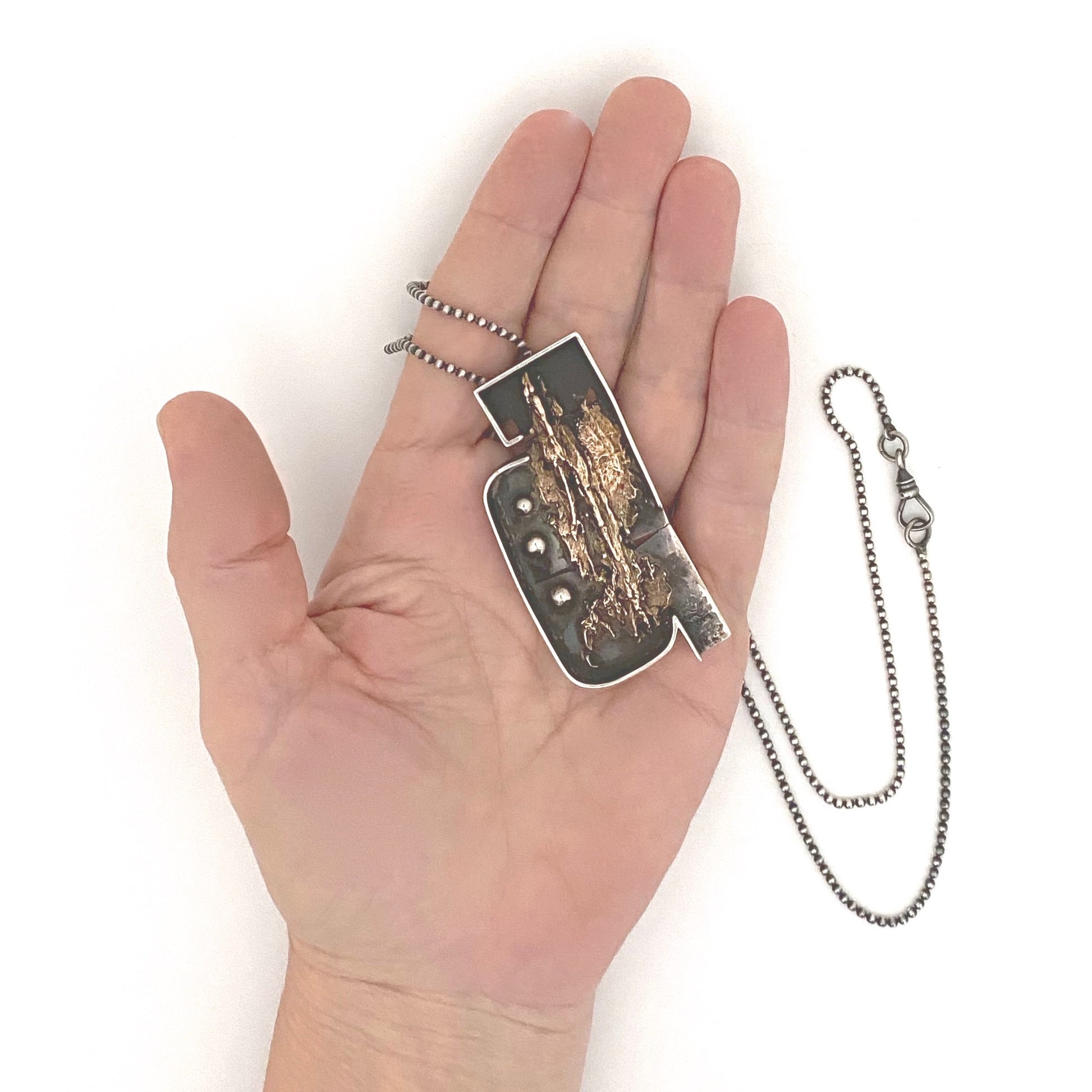 scale vintage silver 14k gold large brutalist pendant necklace studio made Modernist jewelry design