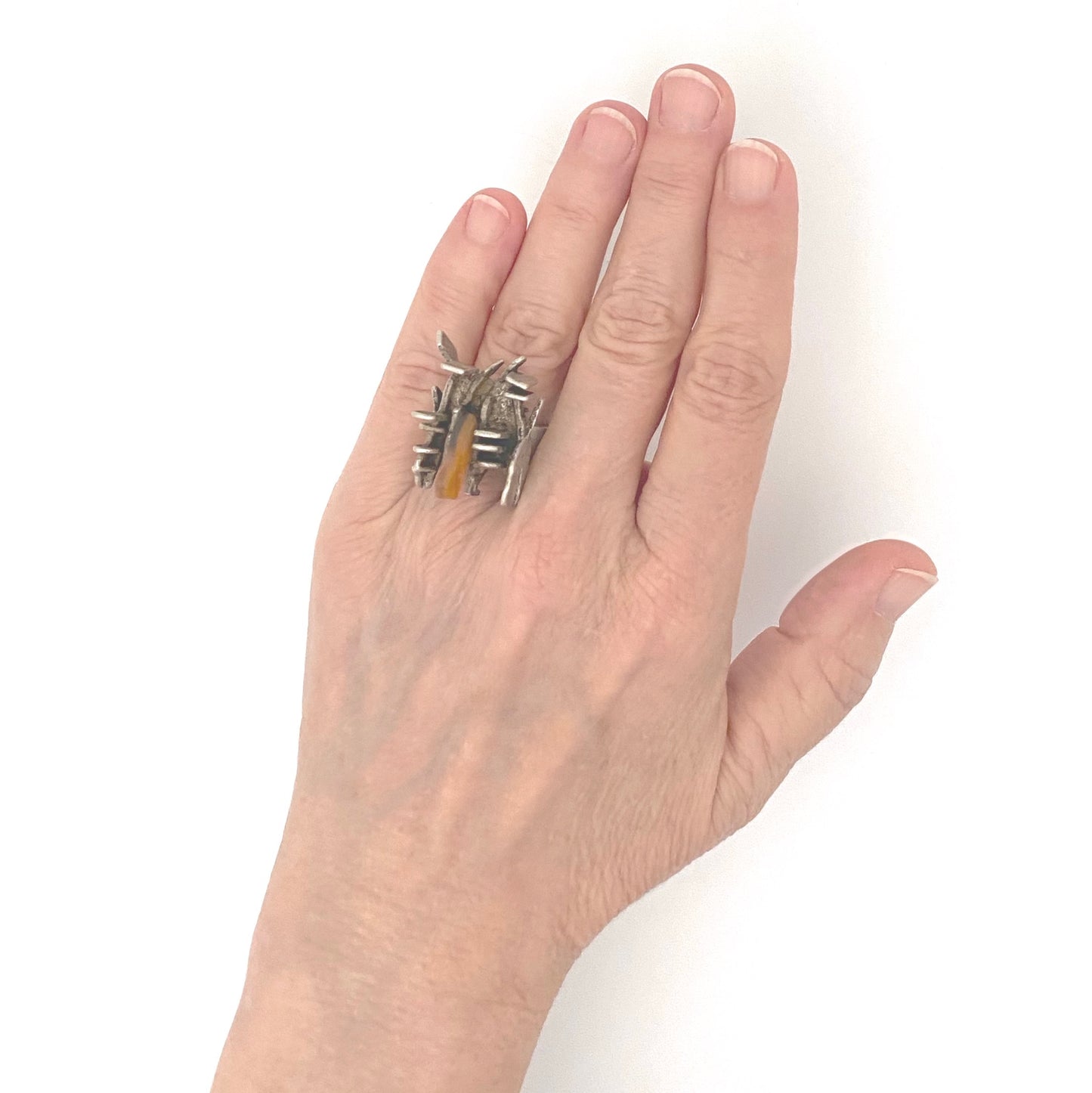 scale large vintage silver agate brutalist ring Switzerland Modernist jewelry design