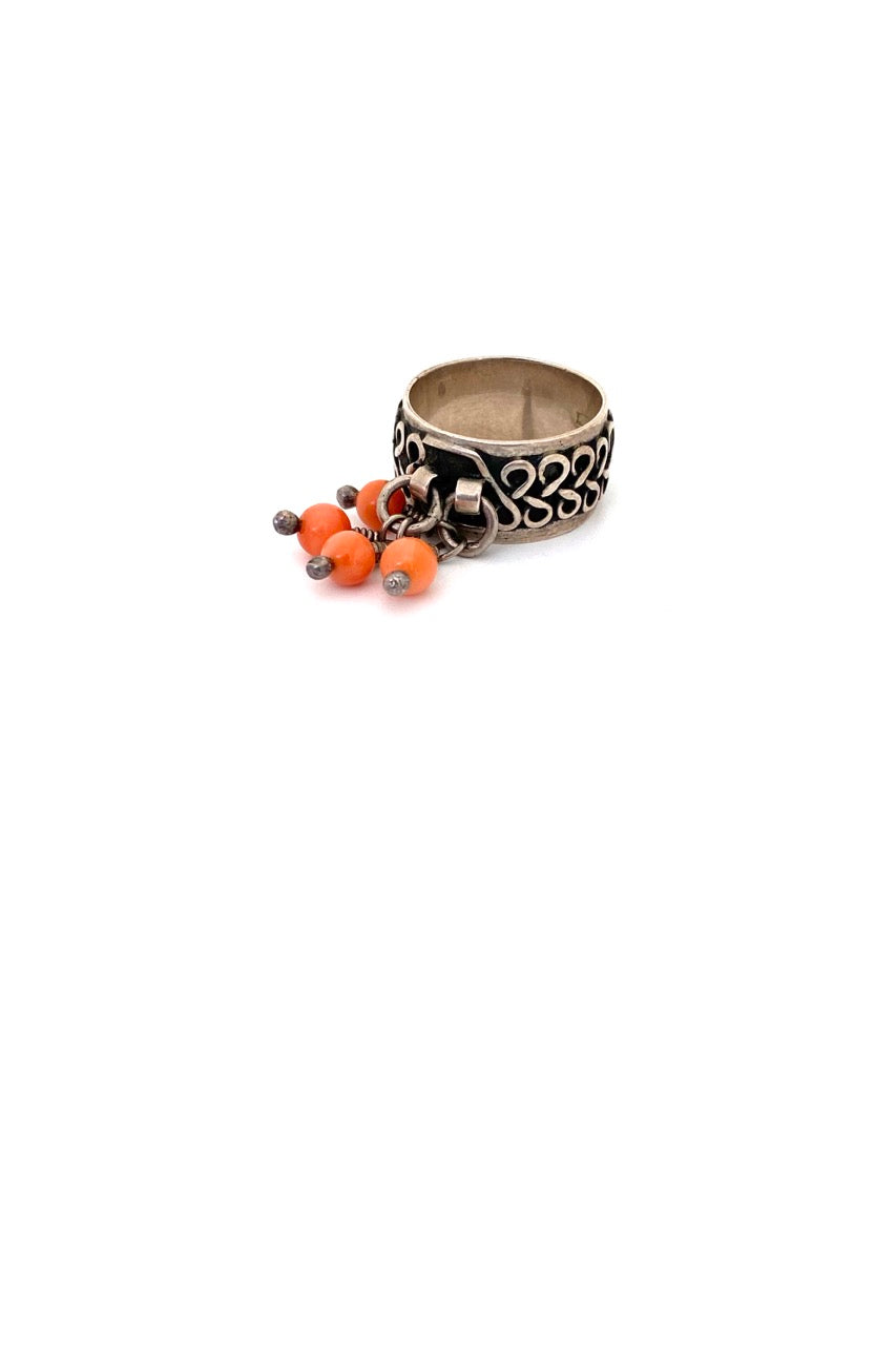 vintage silver coral kinetic ring Poland Modernist jewelry design