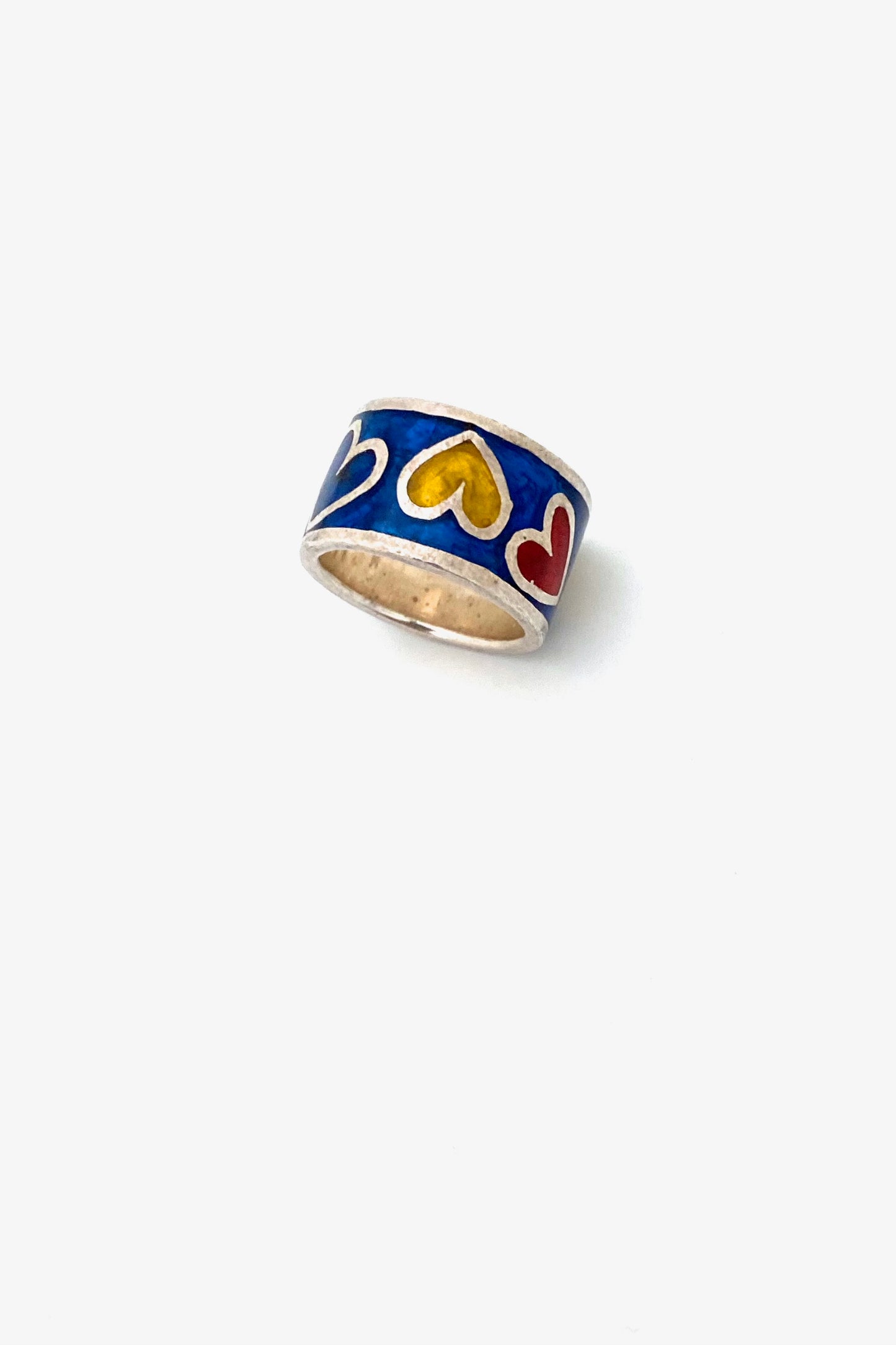 vintage silver and enamel wide multi colored hearts ring