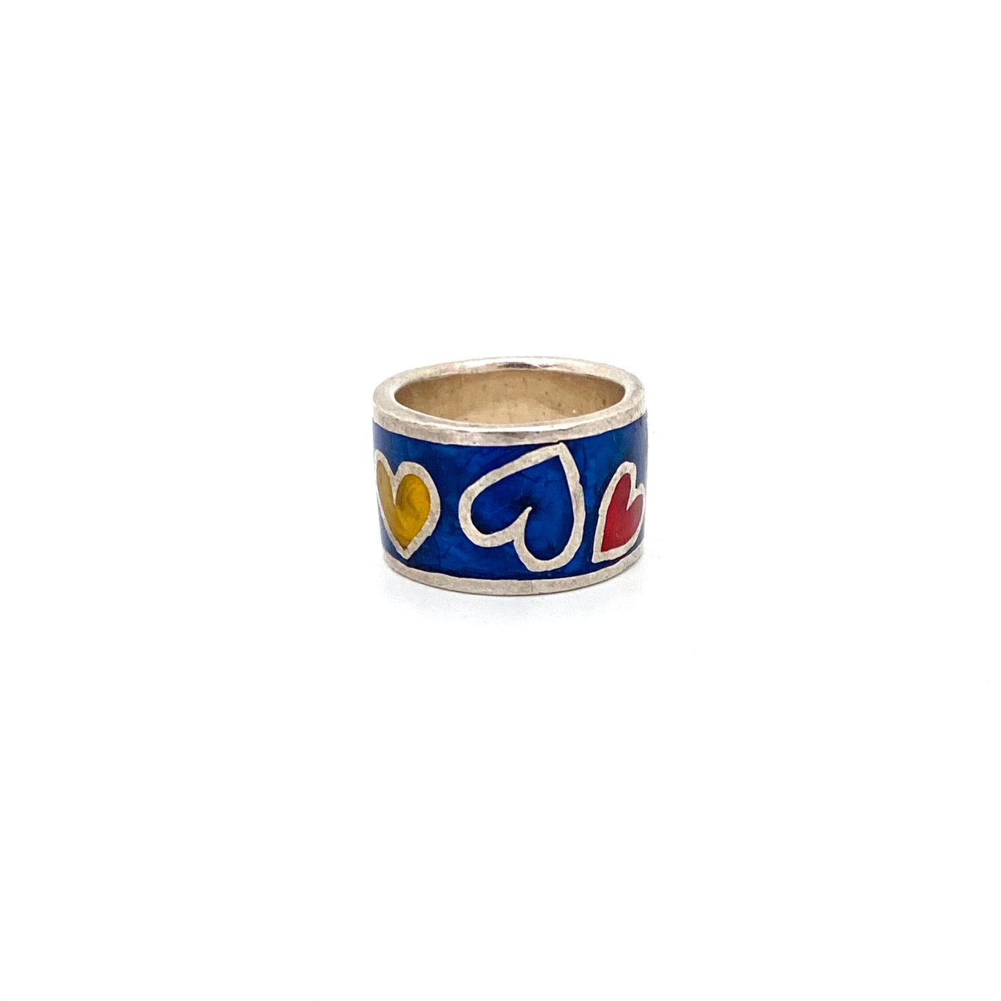 detail vintage silver and enamel wide multi colored hearts ring