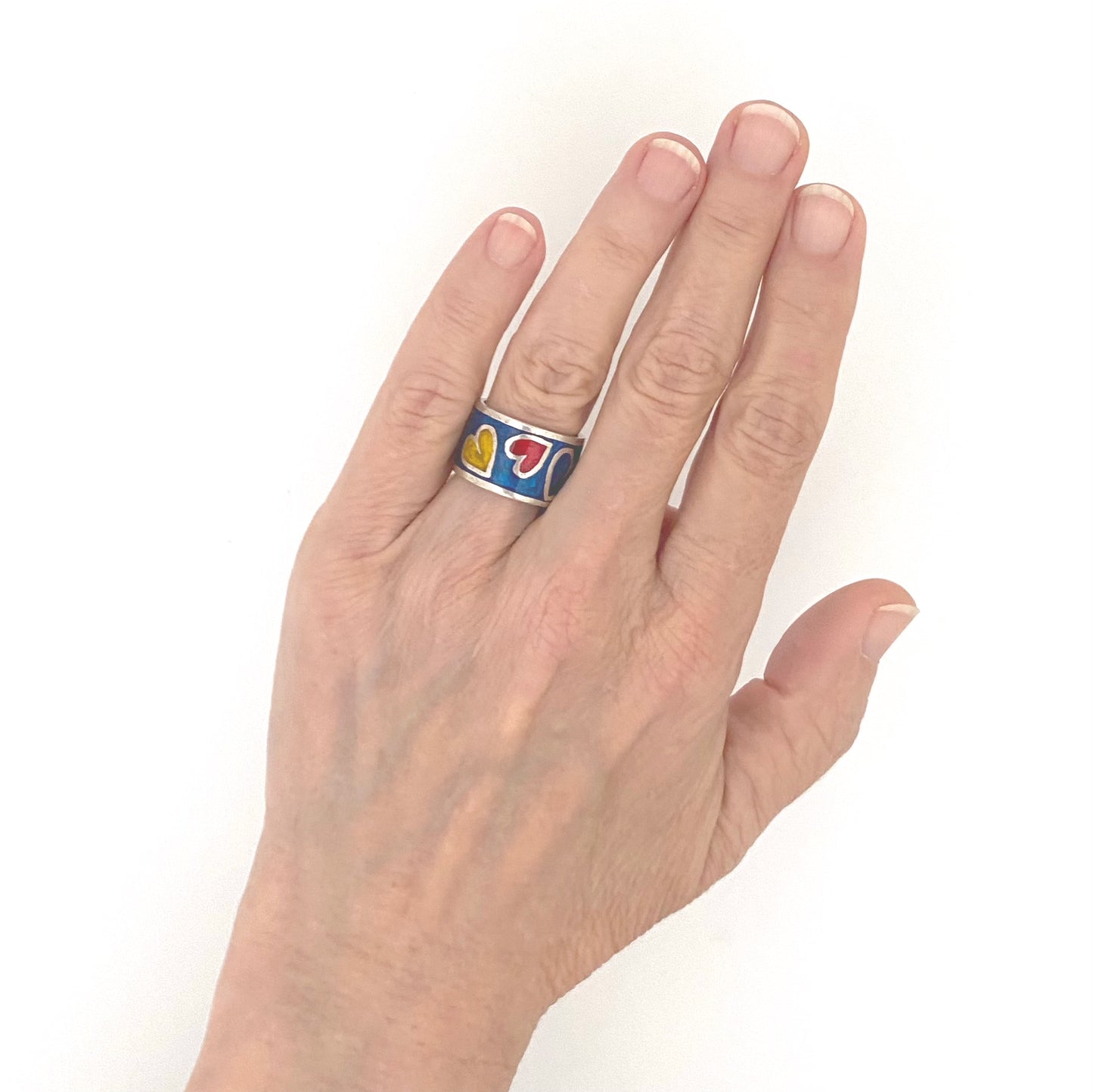 scale vintage silver and enamel wide multi colored hearts ring