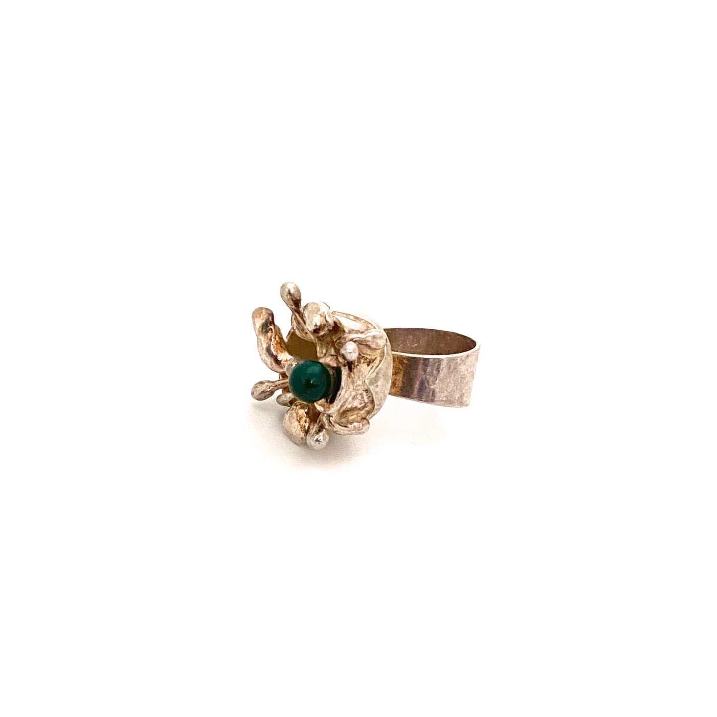 detail vintage silver chrysoprase large brutalist ring Israel Modernist jewelry design