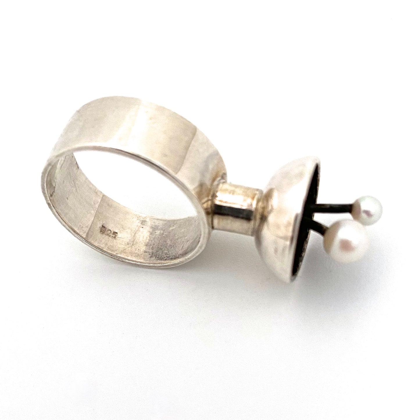 vintage silver & natural pearl ring ~ Modernist design