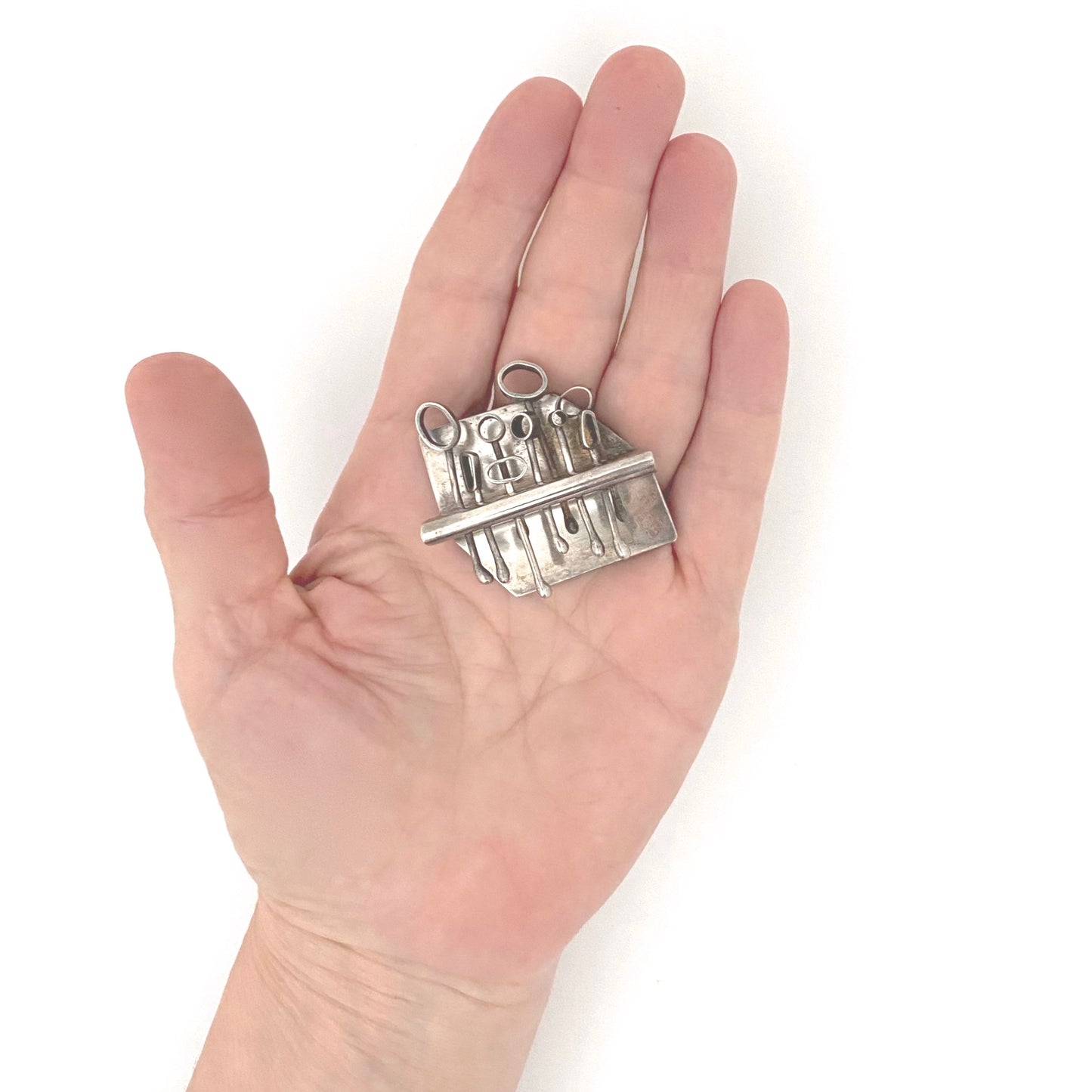 scale vintage silver studio made brutalist brooch Modernist jewelry design