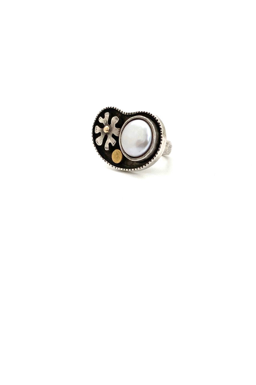 vintage silver 14k 18k gold cultured pearl flower ring signed