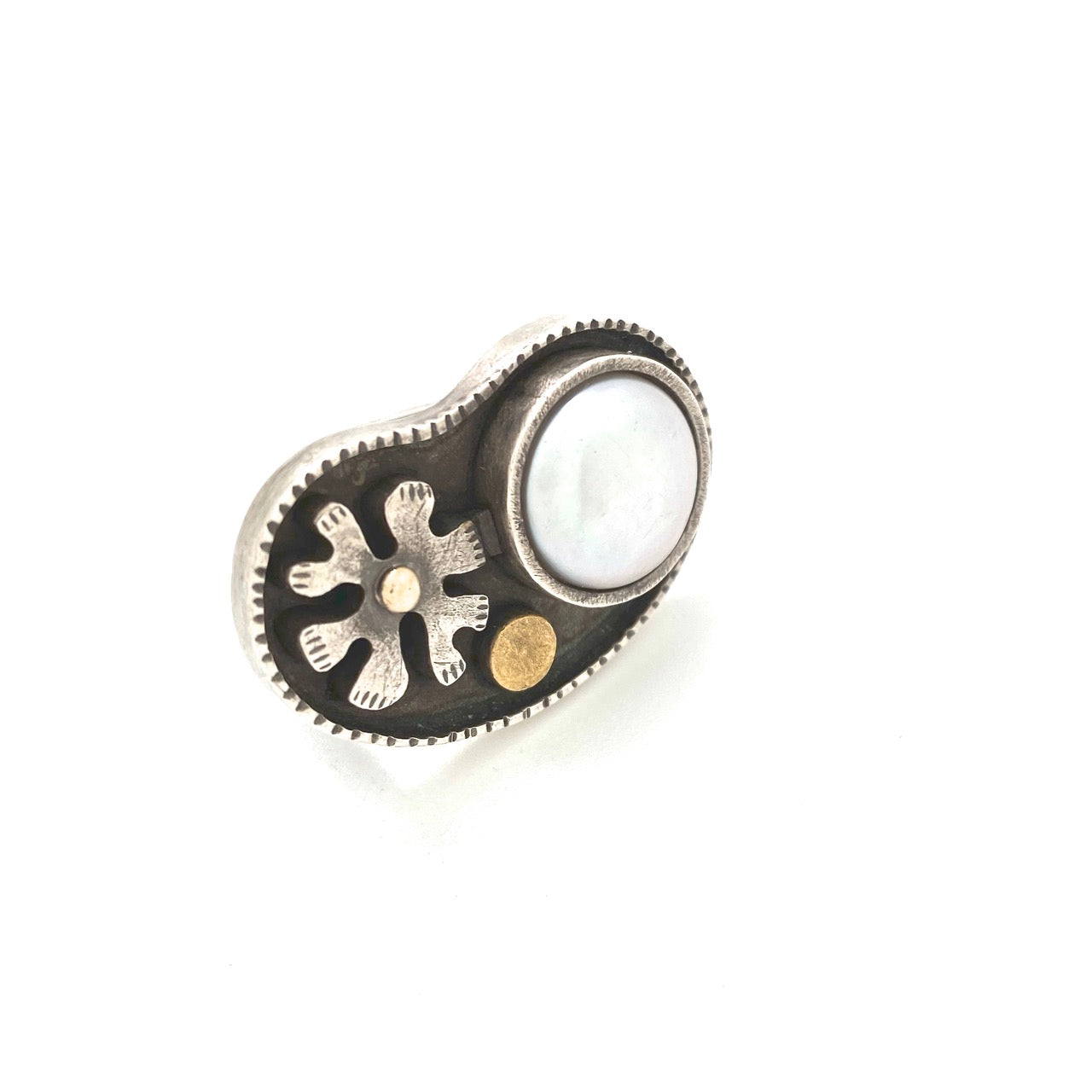 detail vintage silver 14k 18k gold cultured pearl flower ring signed