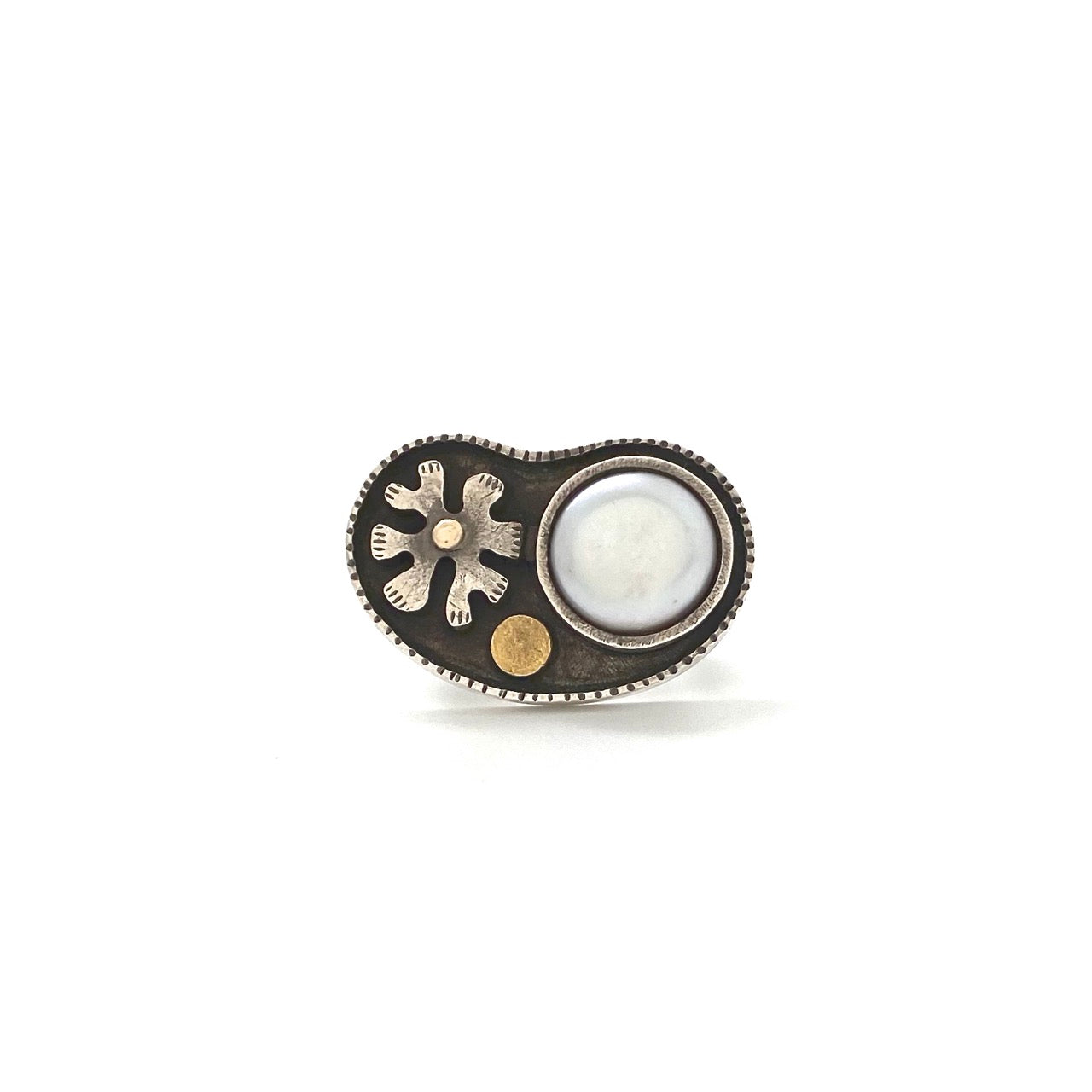 large vintage silver, 14k & 18k gold & cultured pearl ring ~ signed