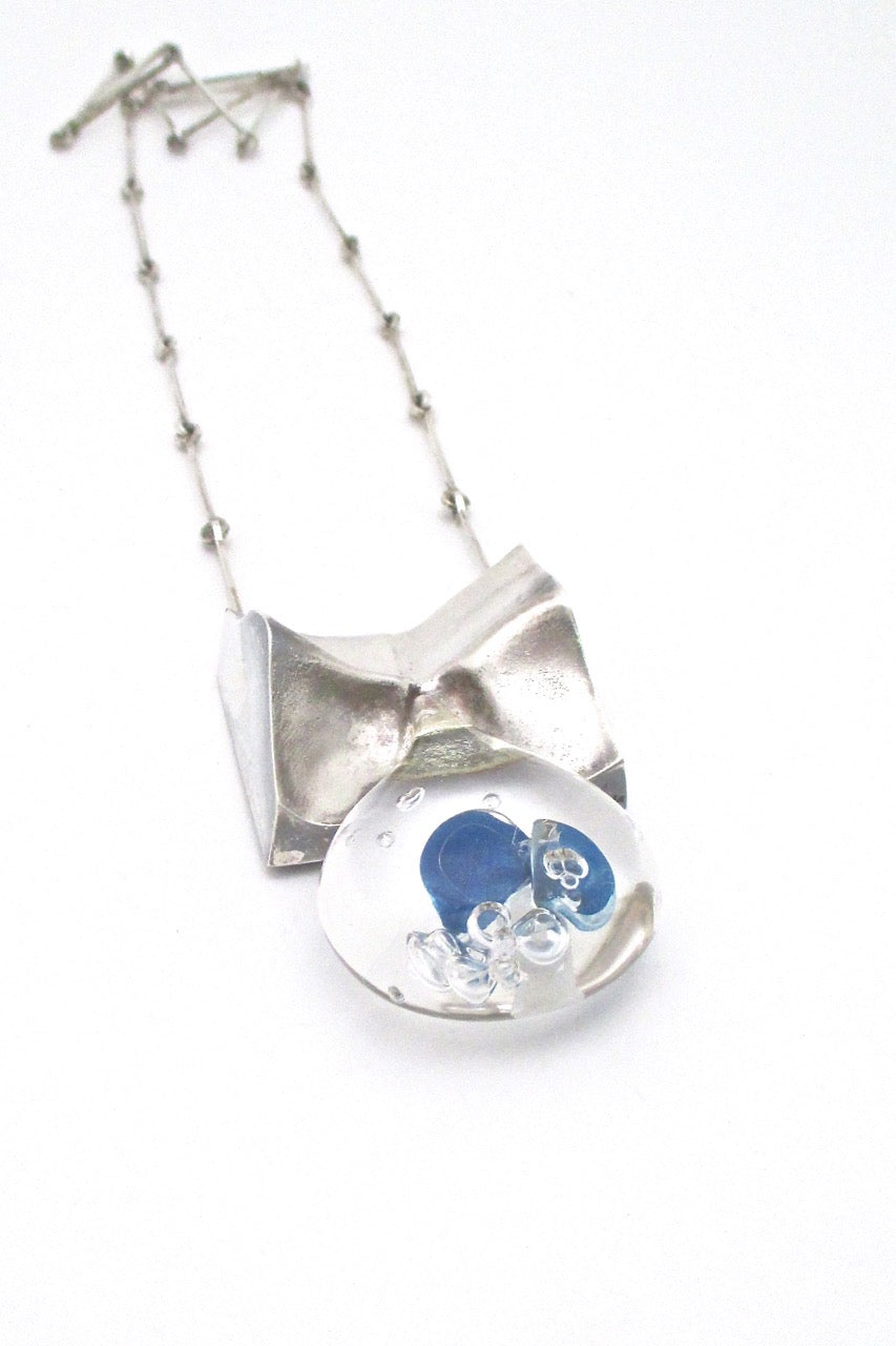 Bjorn Weckstrom for Lapponia Finland extra large Big Drop silver acrylic pendant necklace 1971