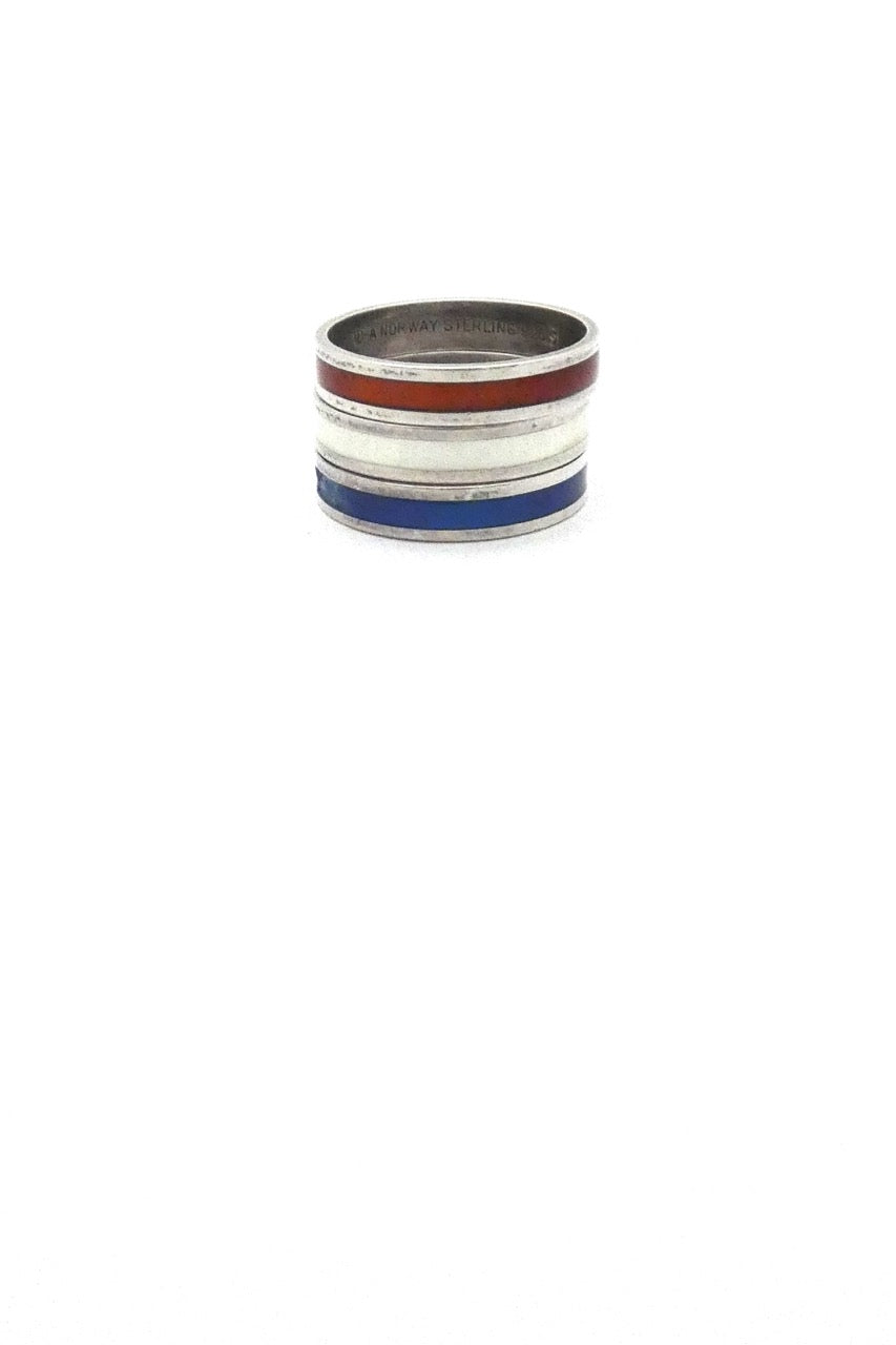 David-Andersen Norway vintage silver enamel band rings blue red white Scandinavian Modern design jewelry