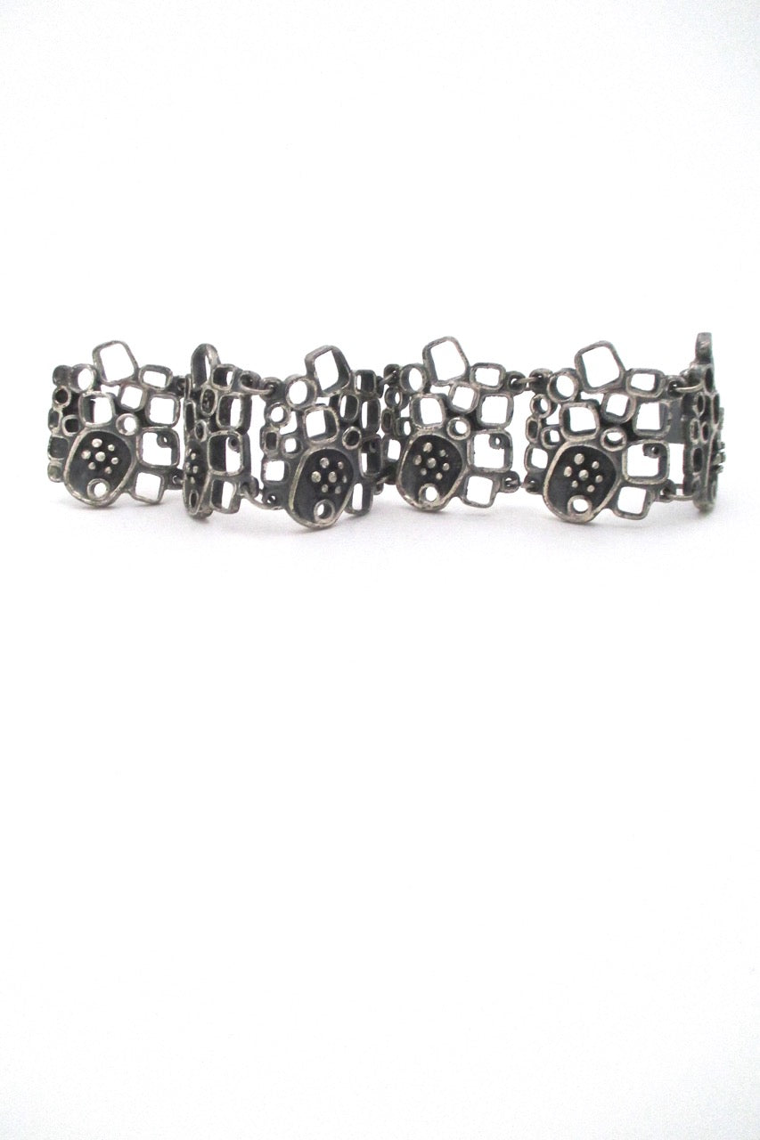 Guy Vidal Canada vintage brutalist pewter openwork panel link bracelet shadowbox motif Canadian Modernist jewelry design