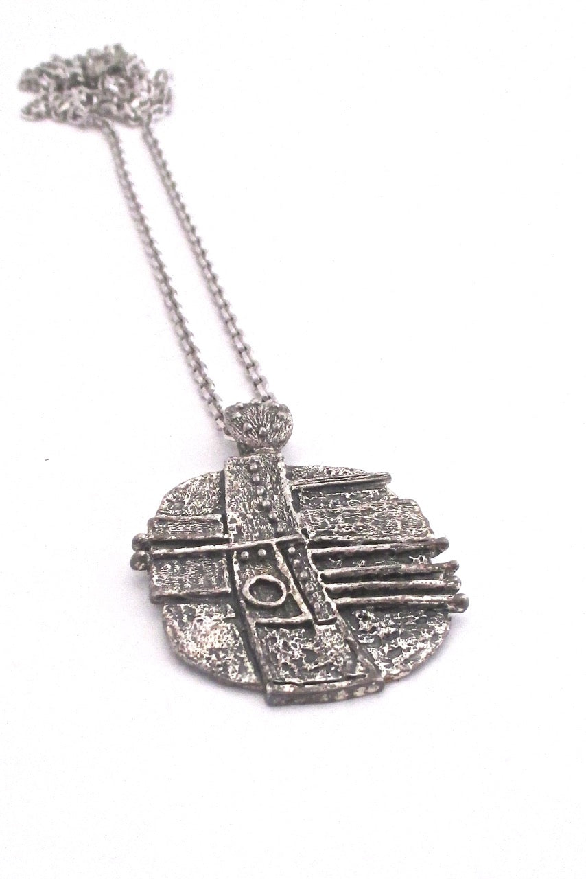 Guy Vidal Canada vintage brutalist pewter dots and stripes large pendant necklace