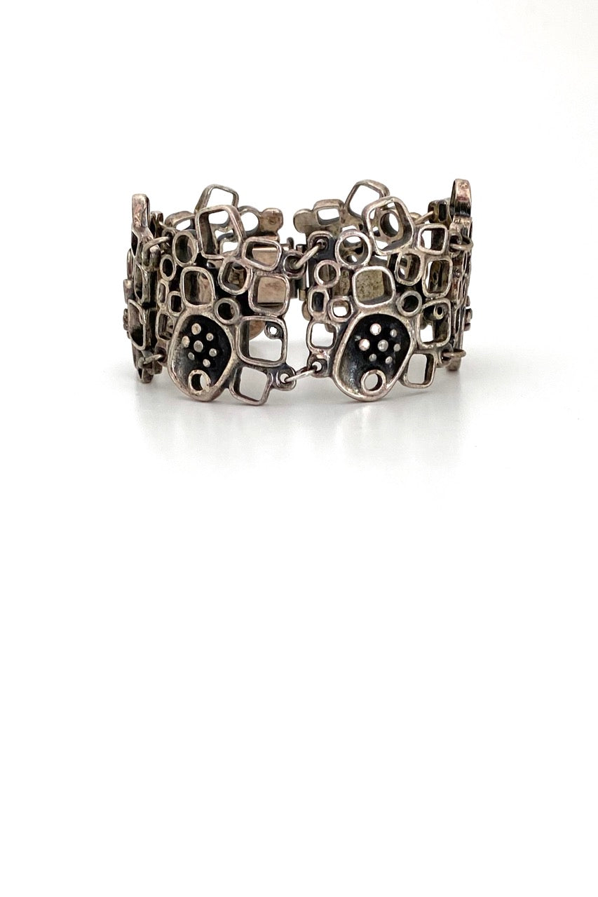 Guy Vidal Canada vintage brutalist pewter openwork and shadowbox panel link bracelet