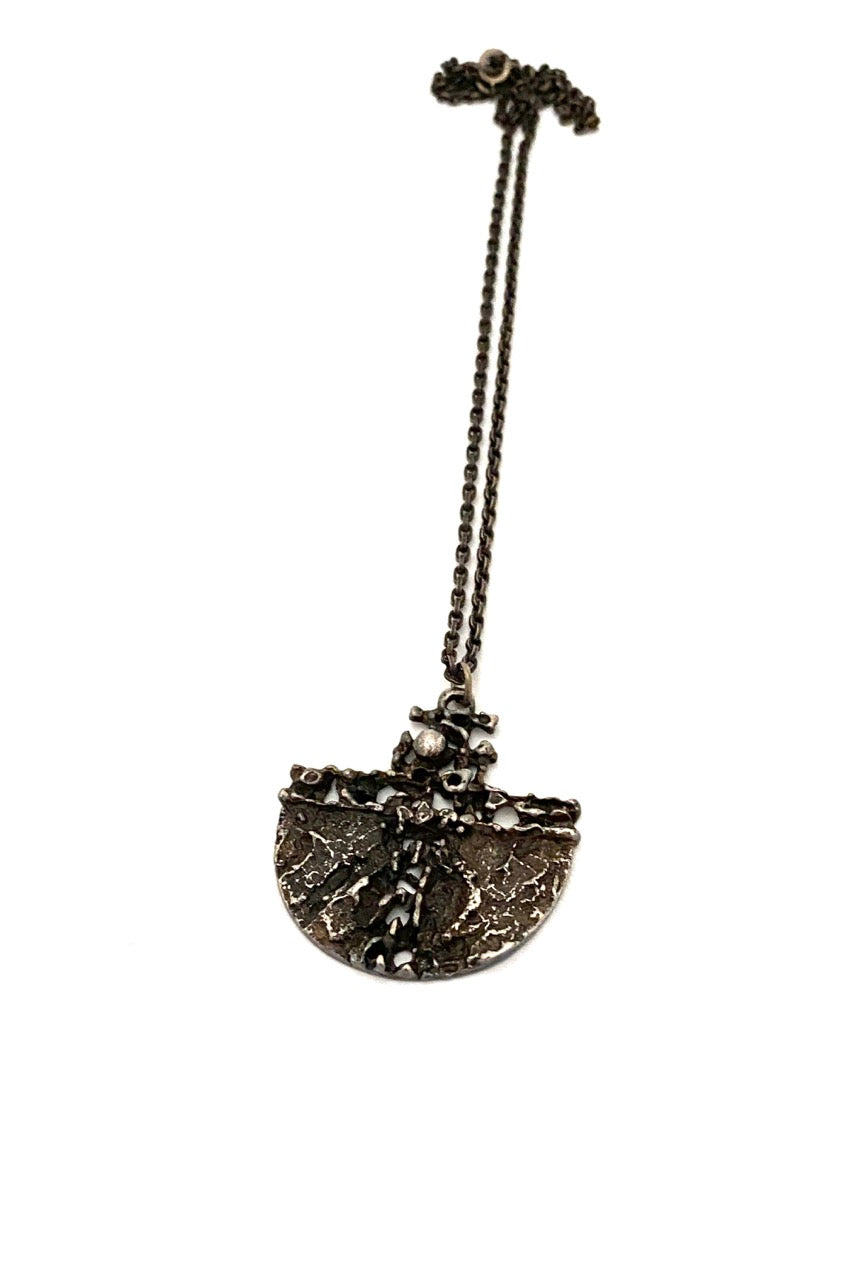 Guy Vidal Canada vintage brutalist textured pewter openwork pendant necklace Modernist jewelry design