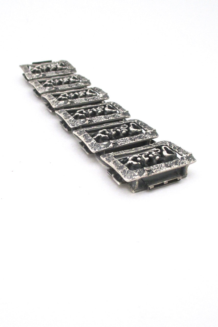 Guy Vidal Canada vintage brutalist pewter large openwork panel link bracelet