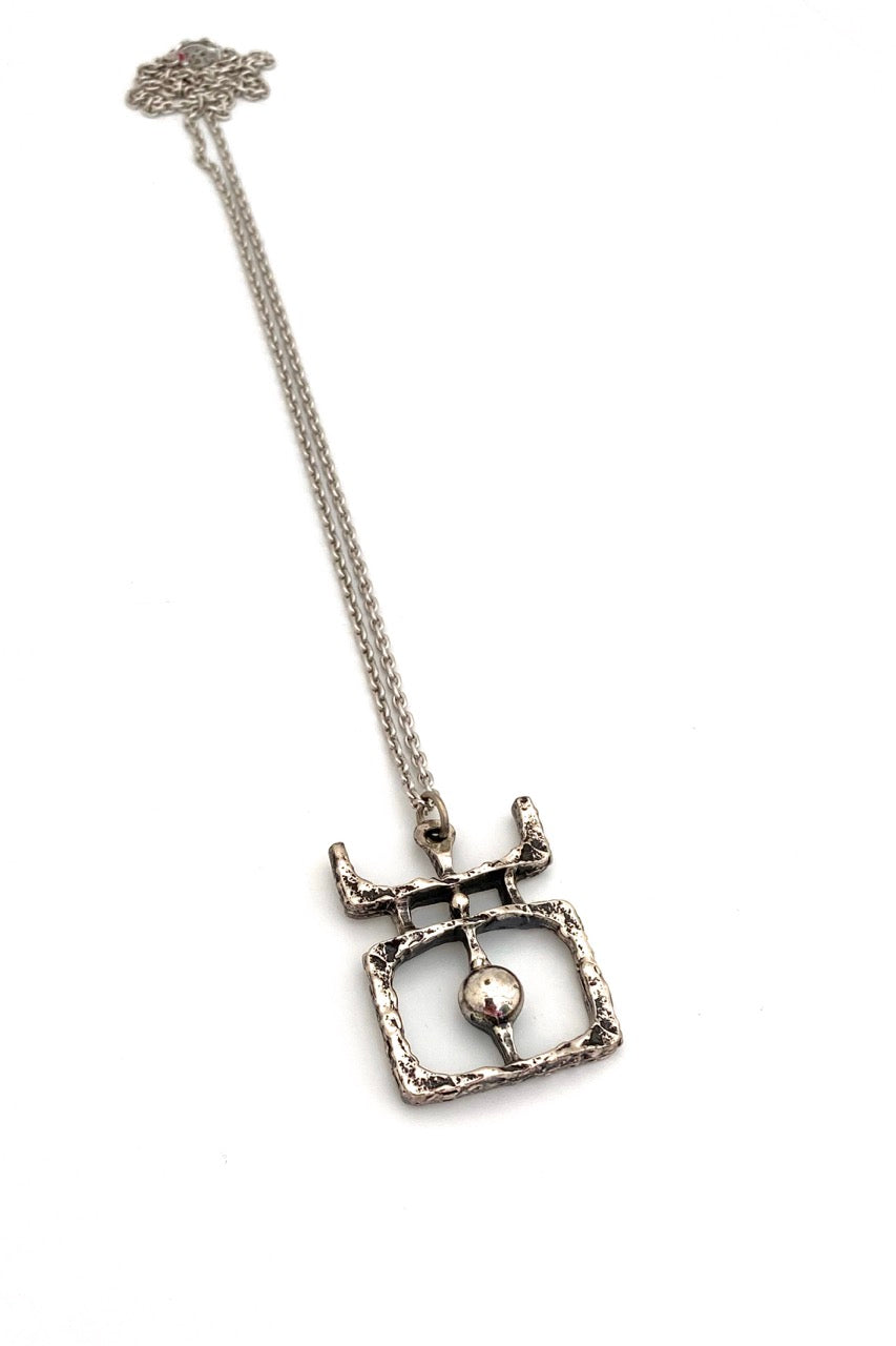 Guy Vidal Canada vintage brutalist pewter openwork sphere square pendant necklace