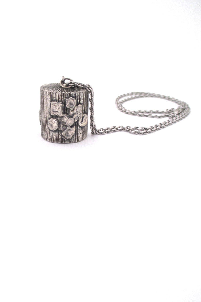 Guy Vidal Canada vintage brutalist pewter bell shaped pendant necklace fairly scarce