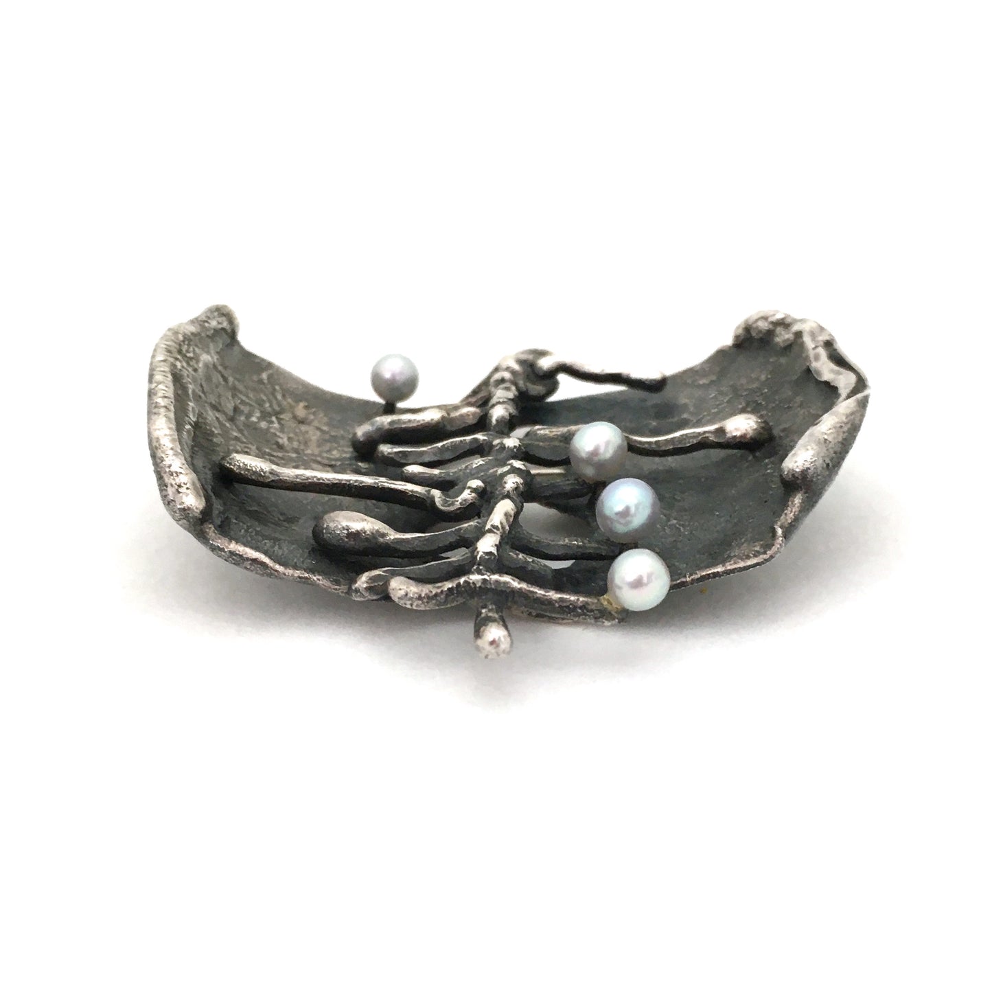 large brutalist reticulated silver & pearls brooch ~ hand wrought