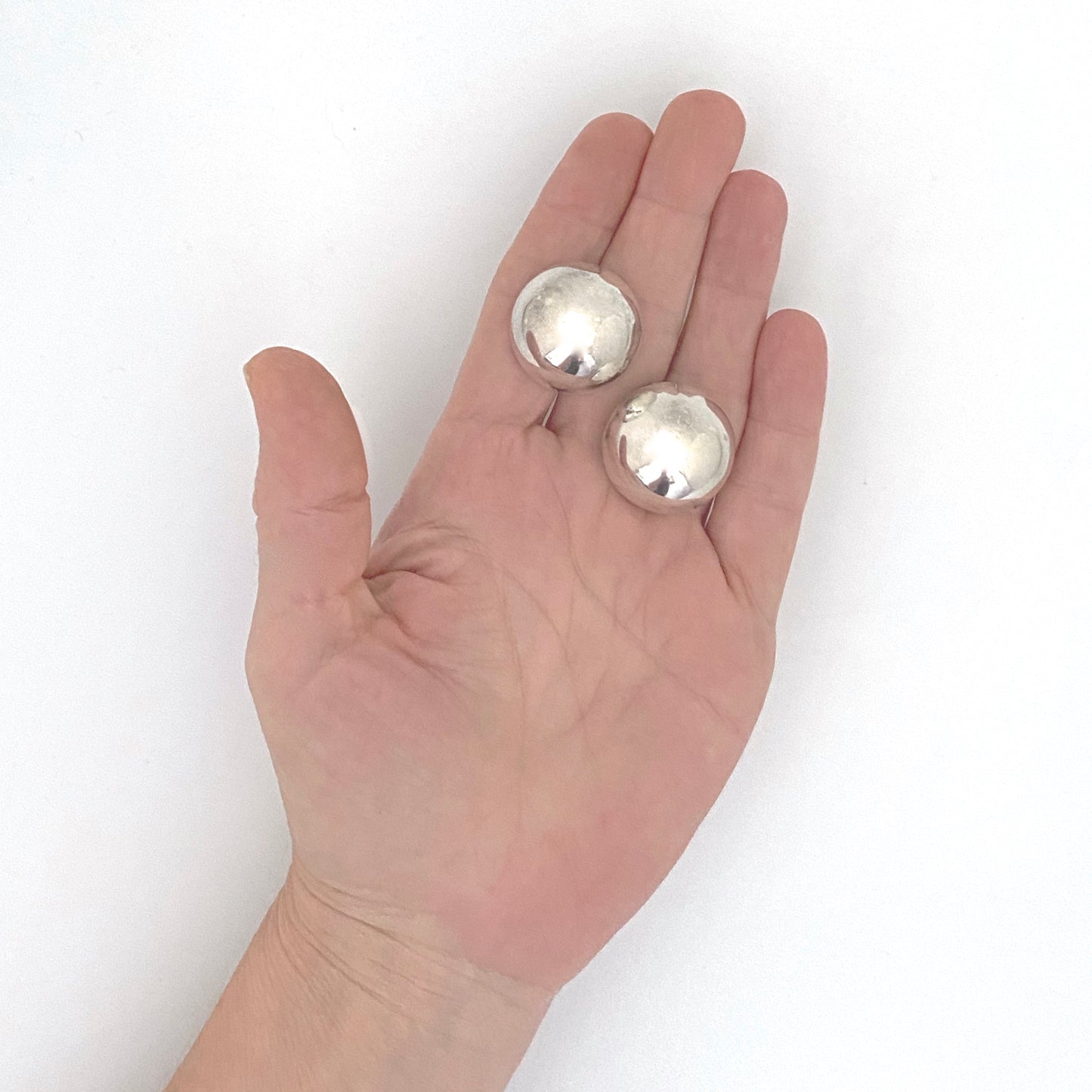 scale vintage silver round dome ear clips Mexico Modernist jewelry design