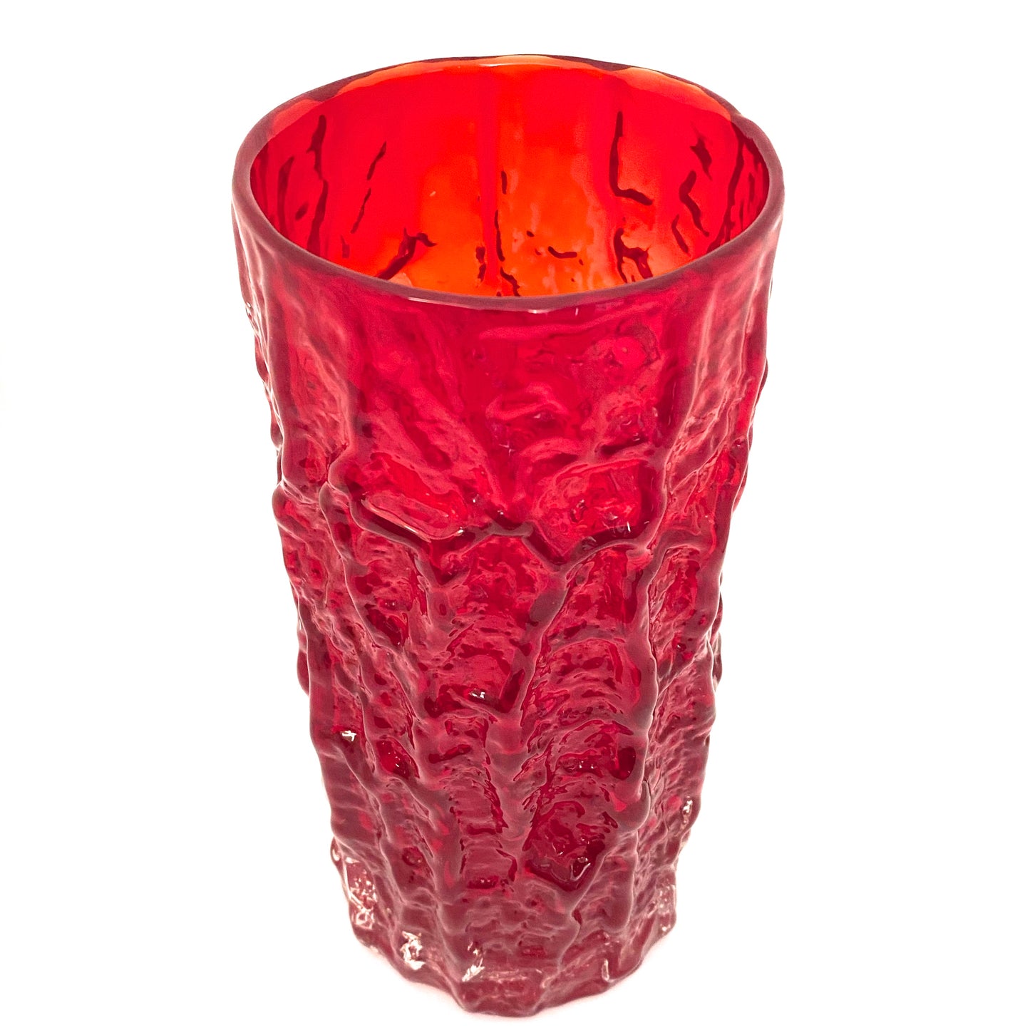 detail Whitefriars England large 9 inch ruby red bark vase Geoffrey Baxter mid century design