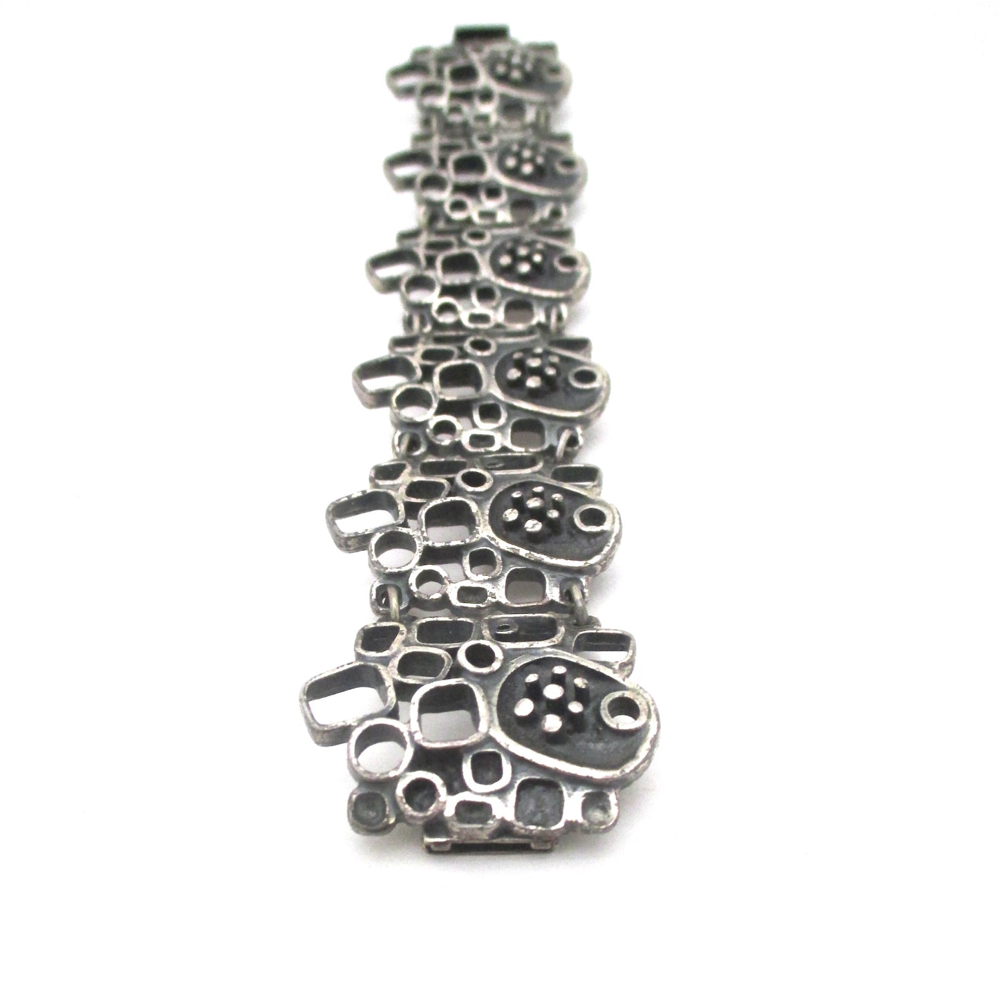 Guy Vidal brutalist openwork pewter panel link bracelet ~ shadowbox motif