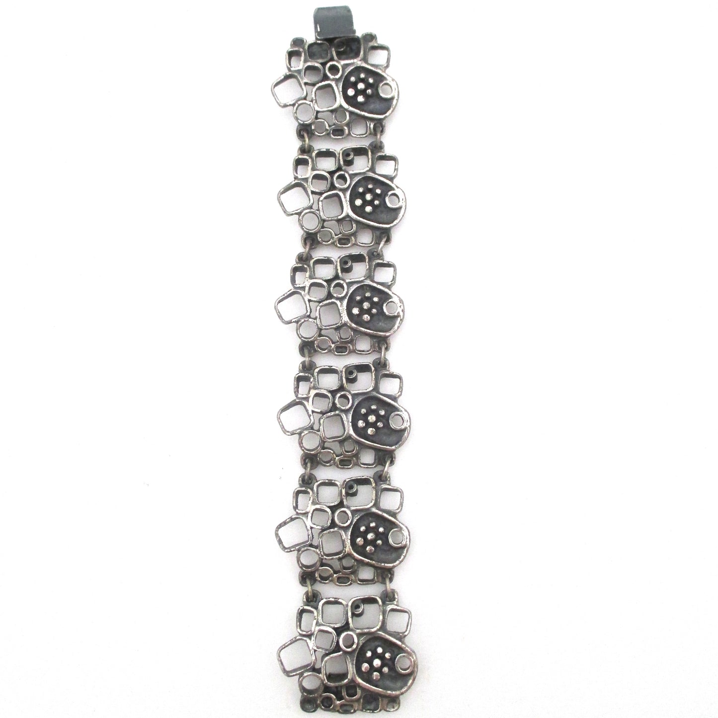 Guy Vidal brutalist openwork pewter panel link bracelet ~ shadowbox motif