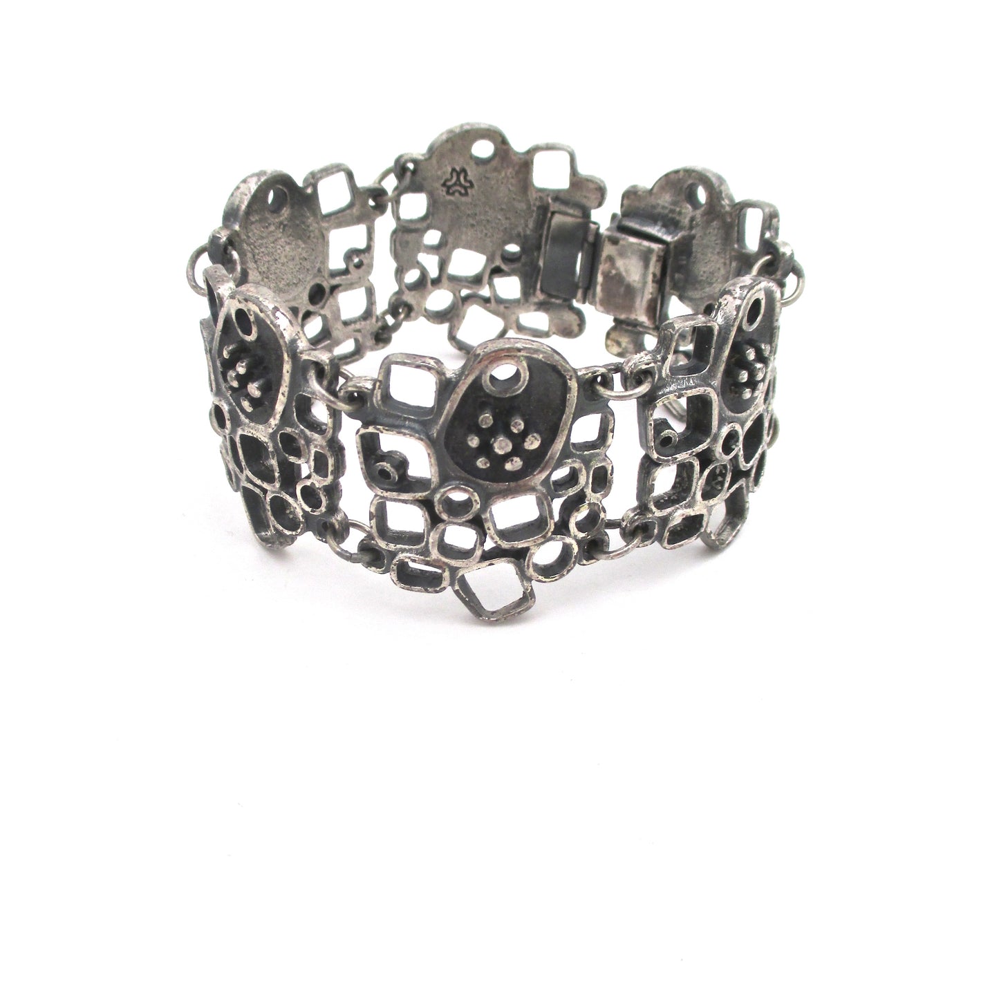 profile Guy Vidal Canada vintage brutalist pewter openwork panel link bracelet shadowbox motif Canadian Modernist jewelry design