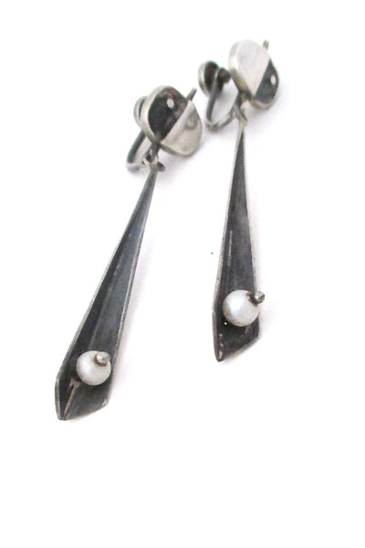 Ed Wiener American Modernist sterling silver pearl long drop earrings