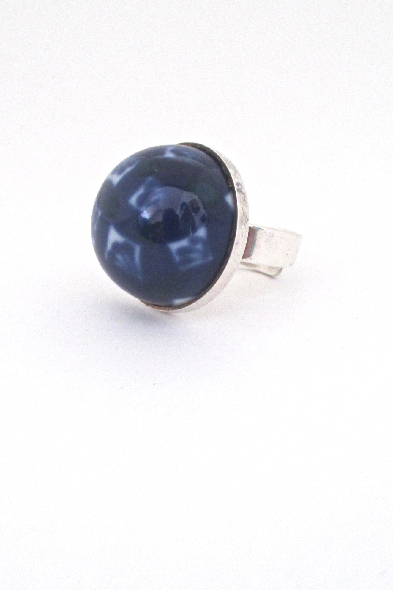 profile Porsgrund Norway vintage silver porcelain large dome ring cobalt blue