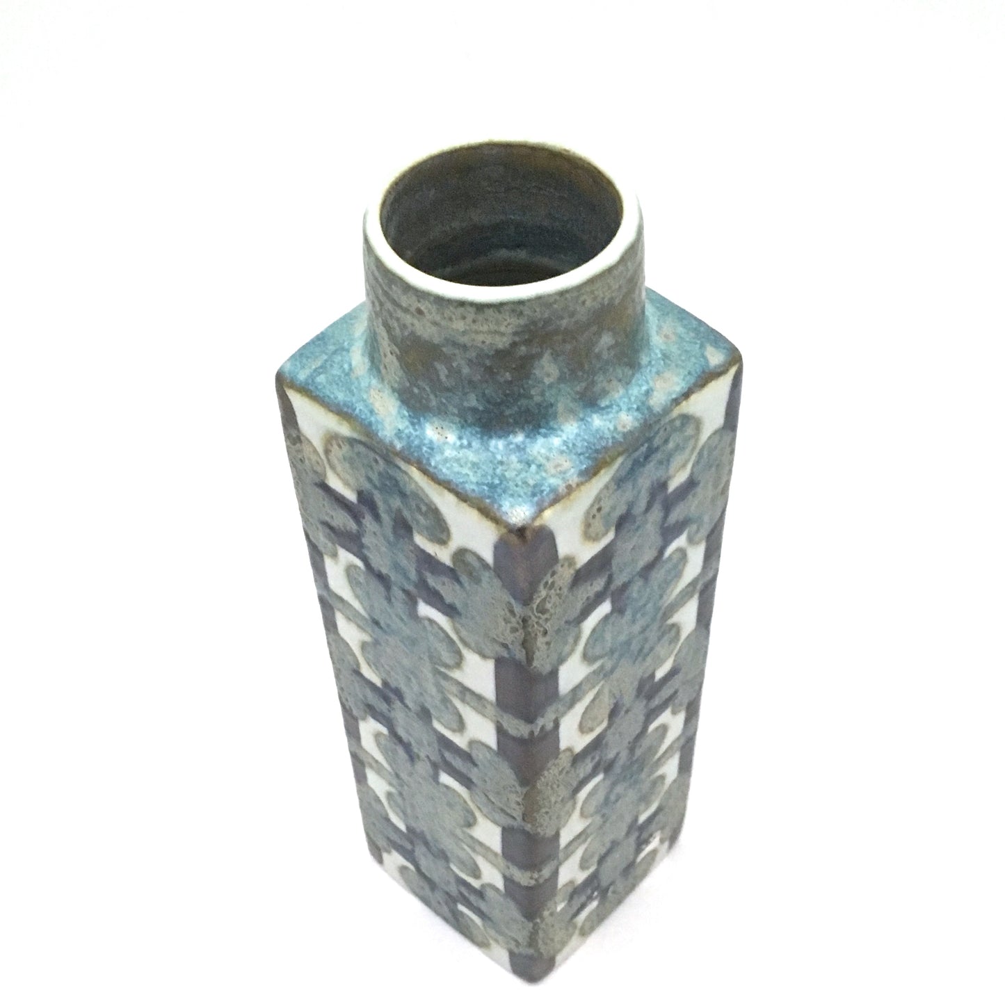 detail Royal Copenhagen Denmark vintage ceramic faience Baca geometric pillar vase by Nils Thorsson Scandinavian Modern design