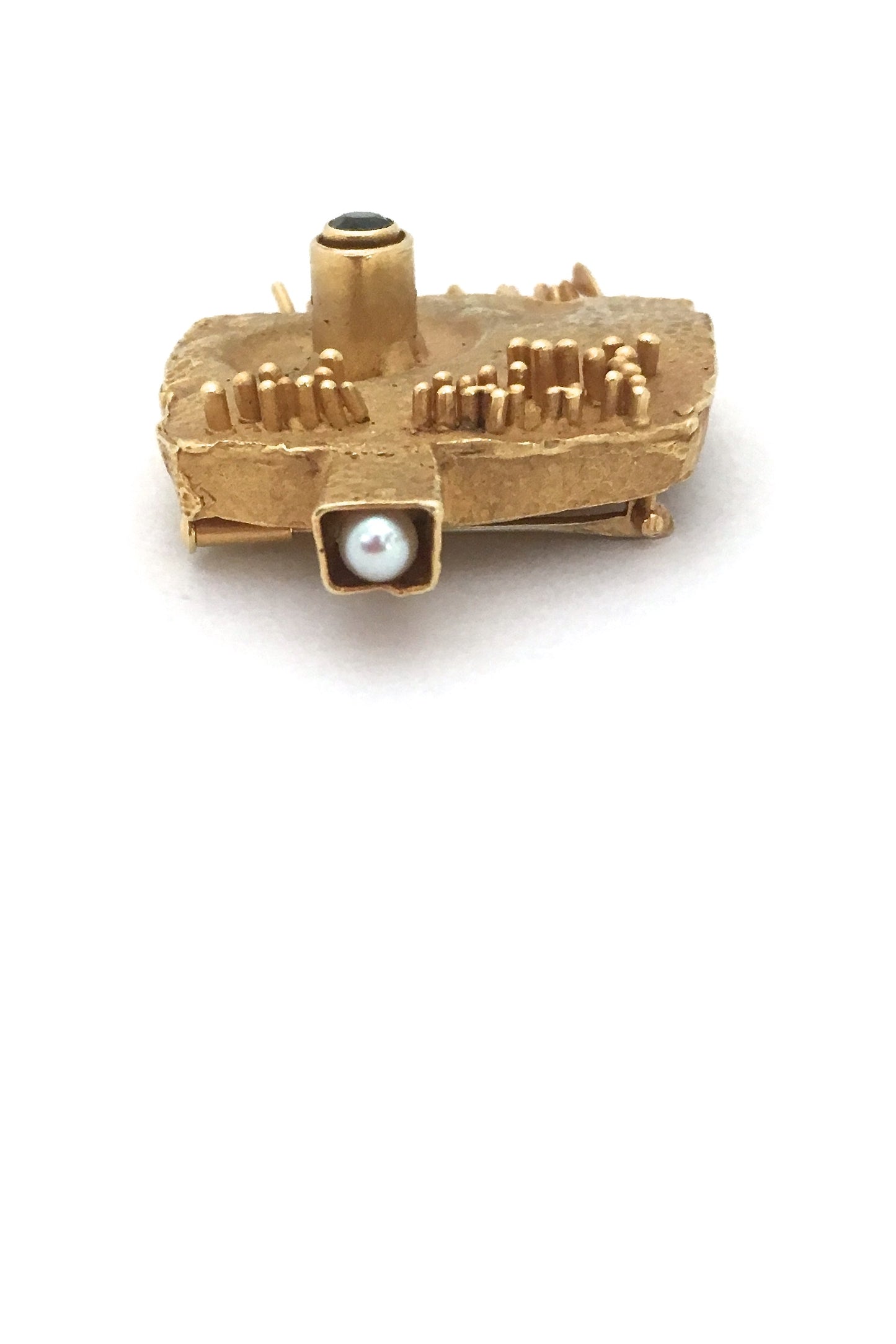 detail Walter Schluep Canada large vintage modernist 18k gold pearl tourmaline brutalist brooch pendant