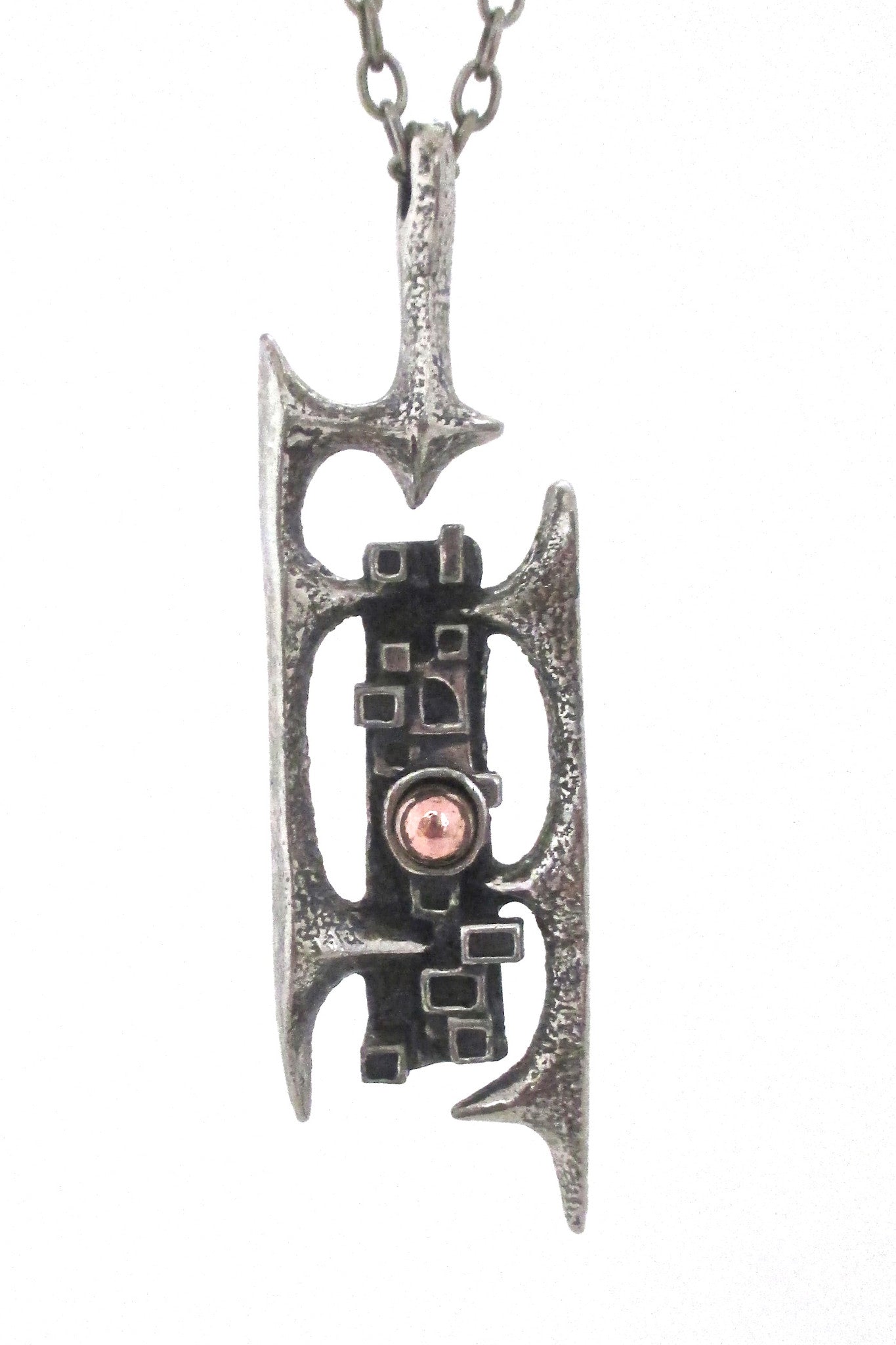 detail Robert Larin Canada vintage brutalist pewter and bronze openwork pendant necklace