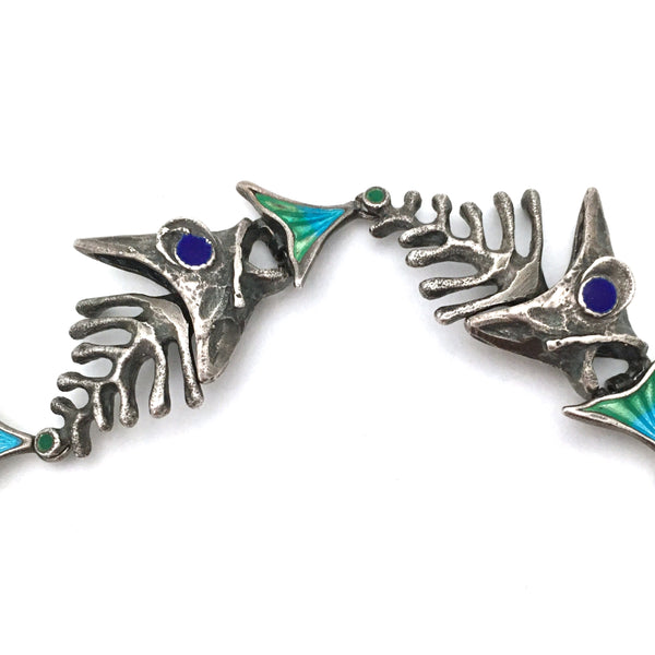 detail UnoAErre Italy vintage sterling silver and enamel articulated fish bracelet mid century modernist jewelry design