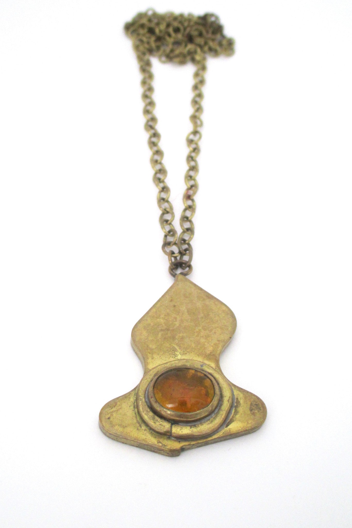 detail Rafael Alfandary Canada vintage brass and clear light orange pendant necklace