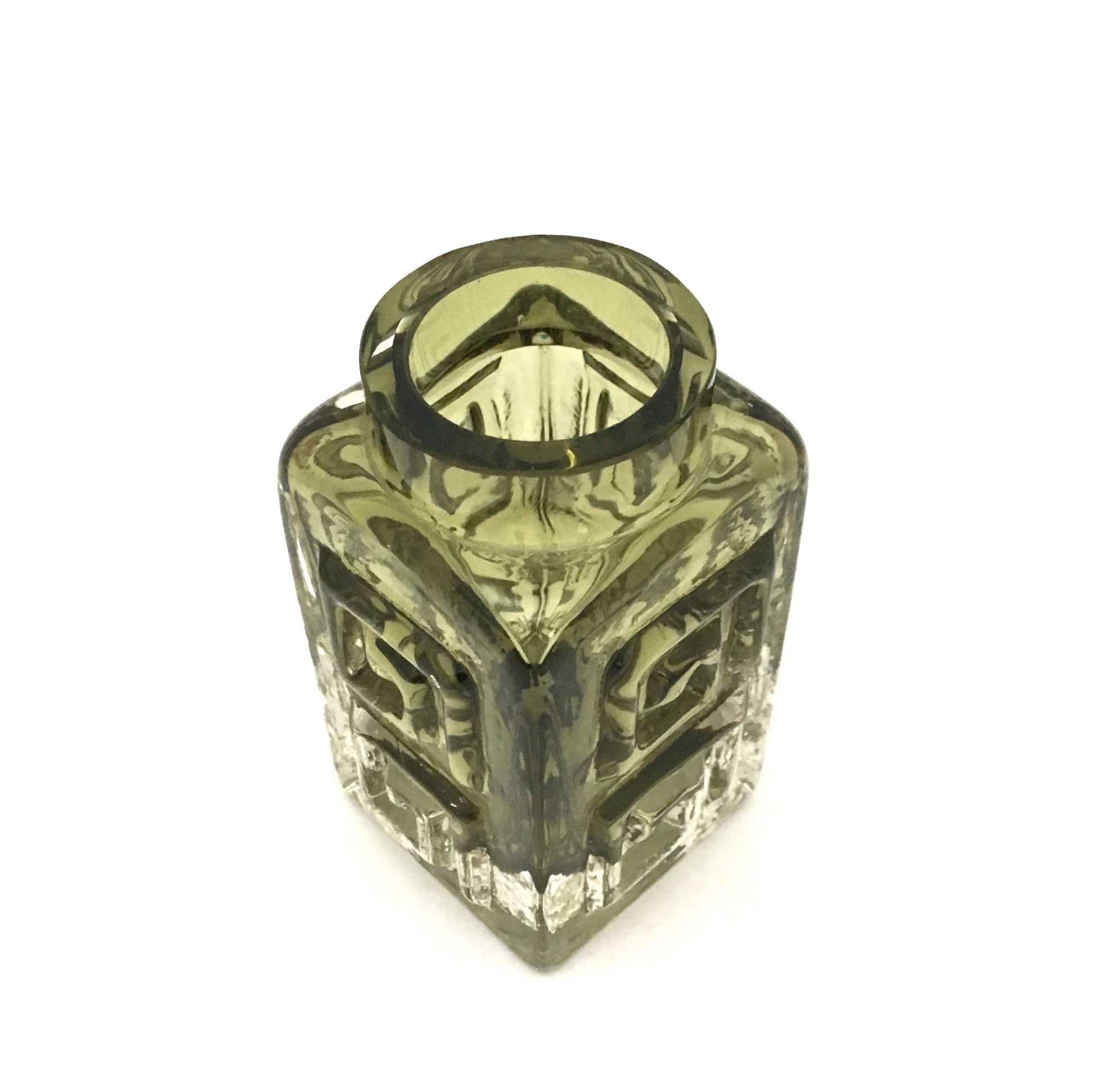 detail Whitefriars England small Greek Key vintage glass vase sage green rare mid century modernist design