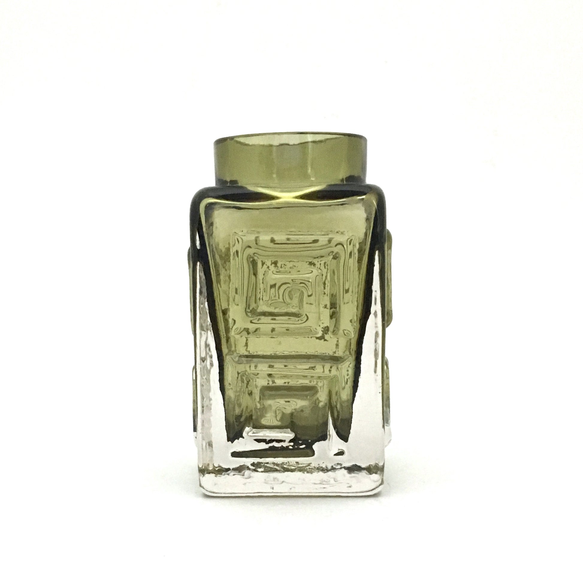 profile Whitefriars England small Greek Key vintage glass vase sage green rare mid century modernist design