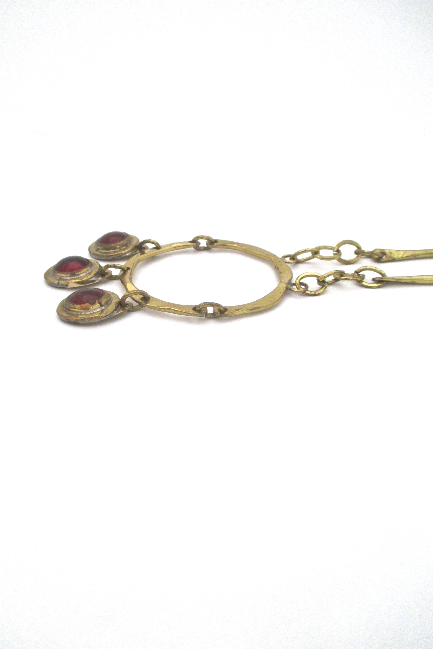 profile Rafael Alfandary Canada vintage brutalist brass red glass triple stone kinetic pendant necklace