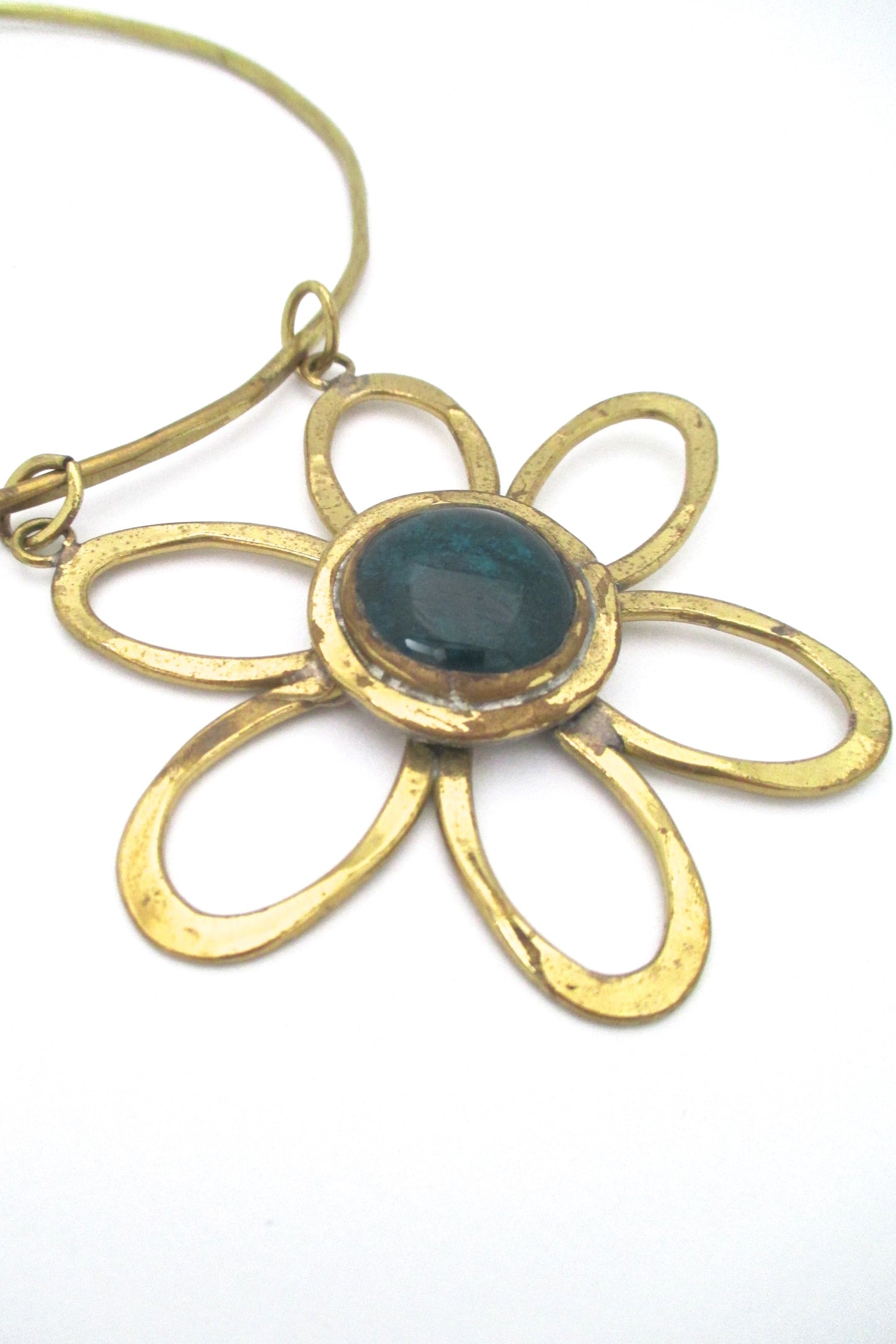 detail Rafael Alfandary Canada vintage brutalist daisy choker necklace teal stone original tag NOS