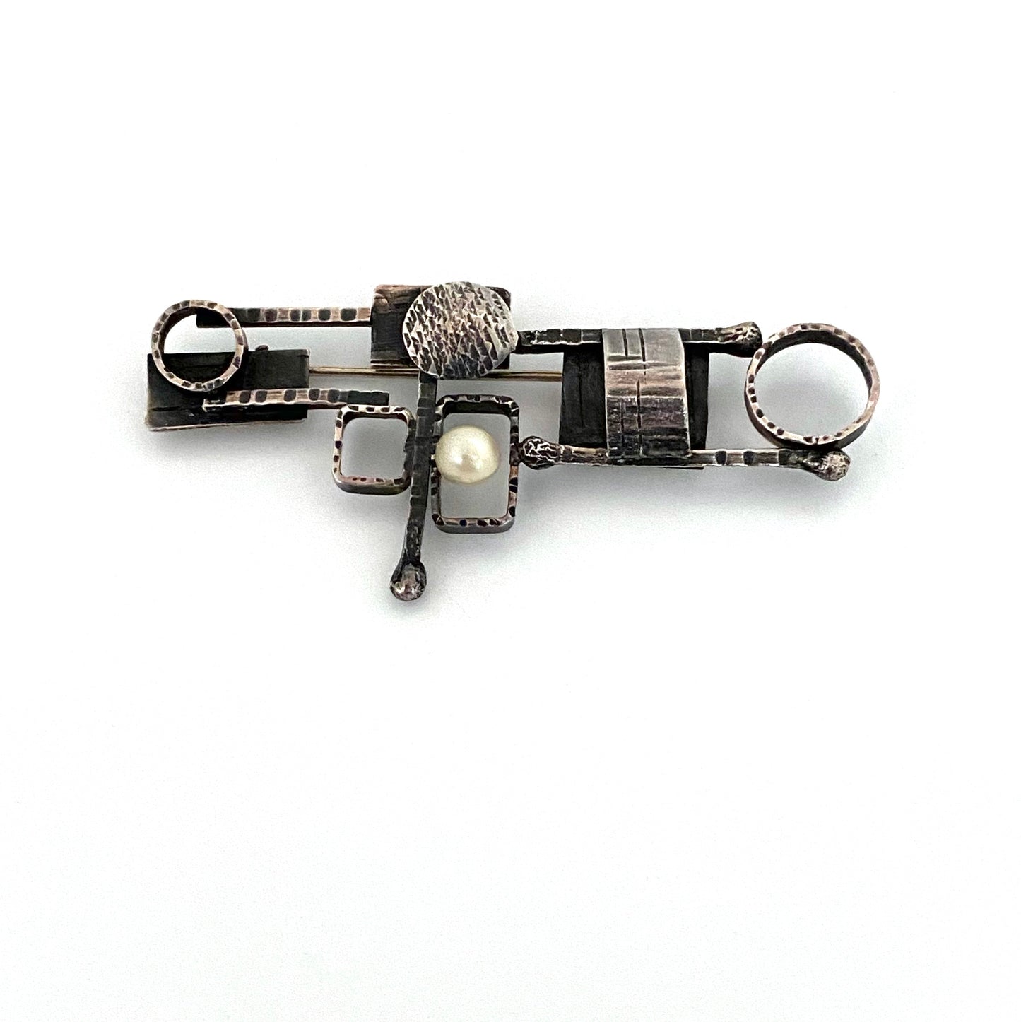 vintage textured sterling silver & pearl constructivist brooch