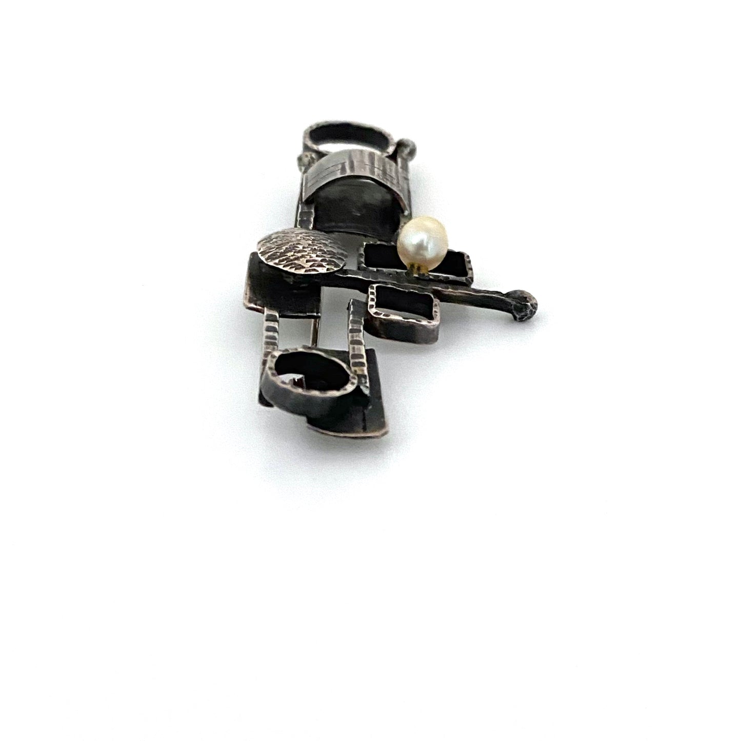 vintage textured sterling silver & pearl constructivist brooch