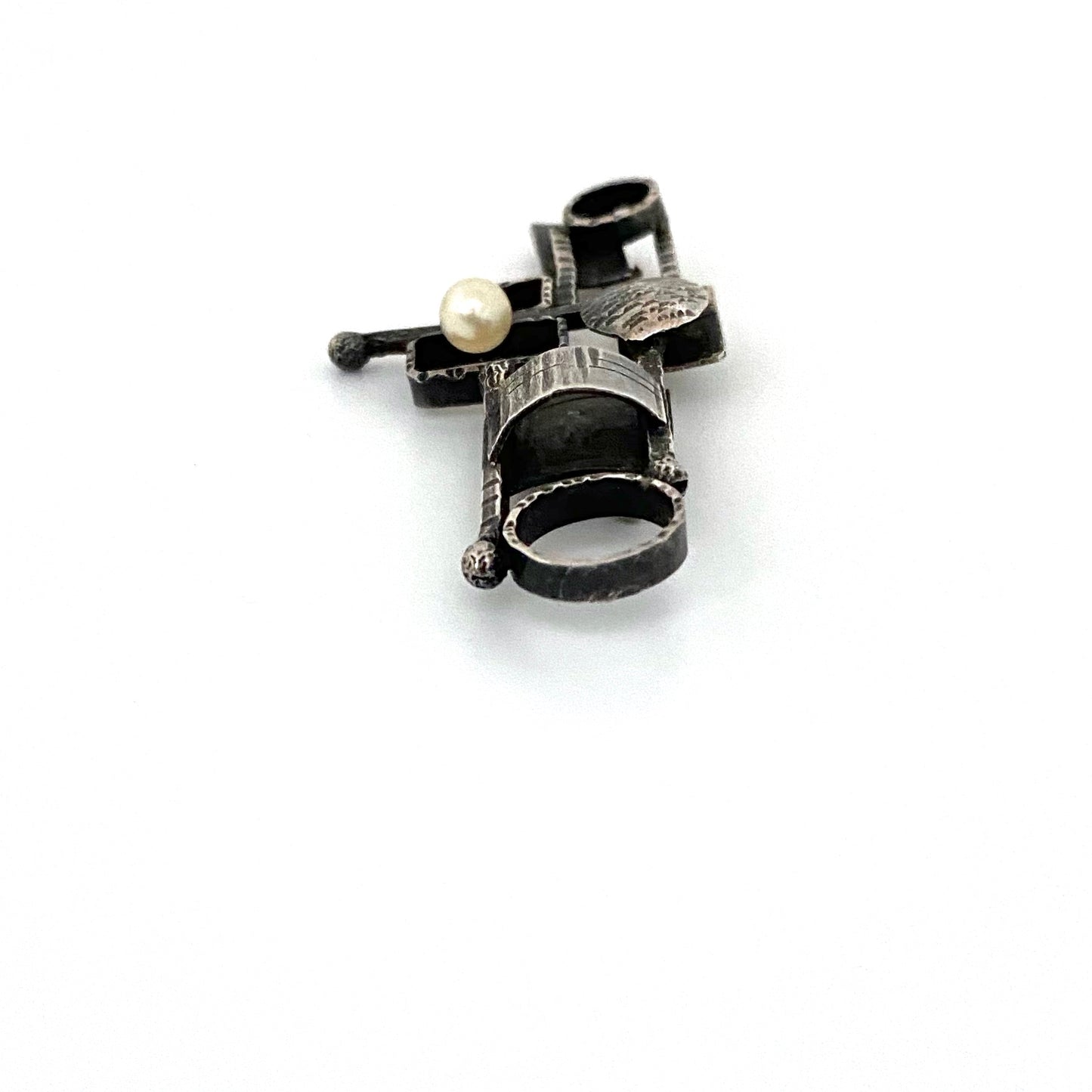 profile vintage brutalist modernist sterling silver pearl brooch hand wrought signed