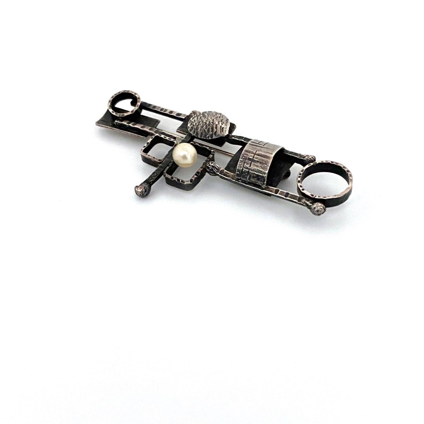 detail vintage brutalist modernist sterling silver pearl brooch hand wrought signed