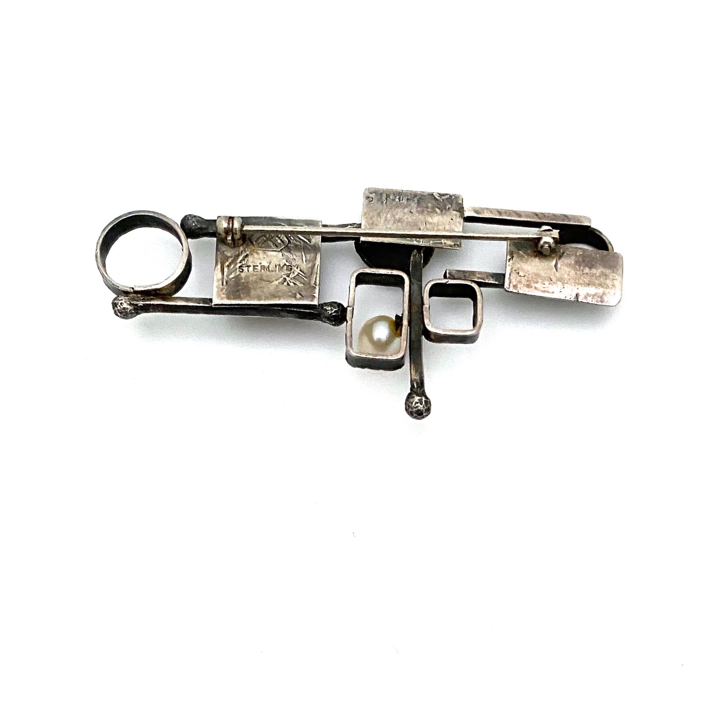 vintage textured sterling silver & pearl constructivist brooch
