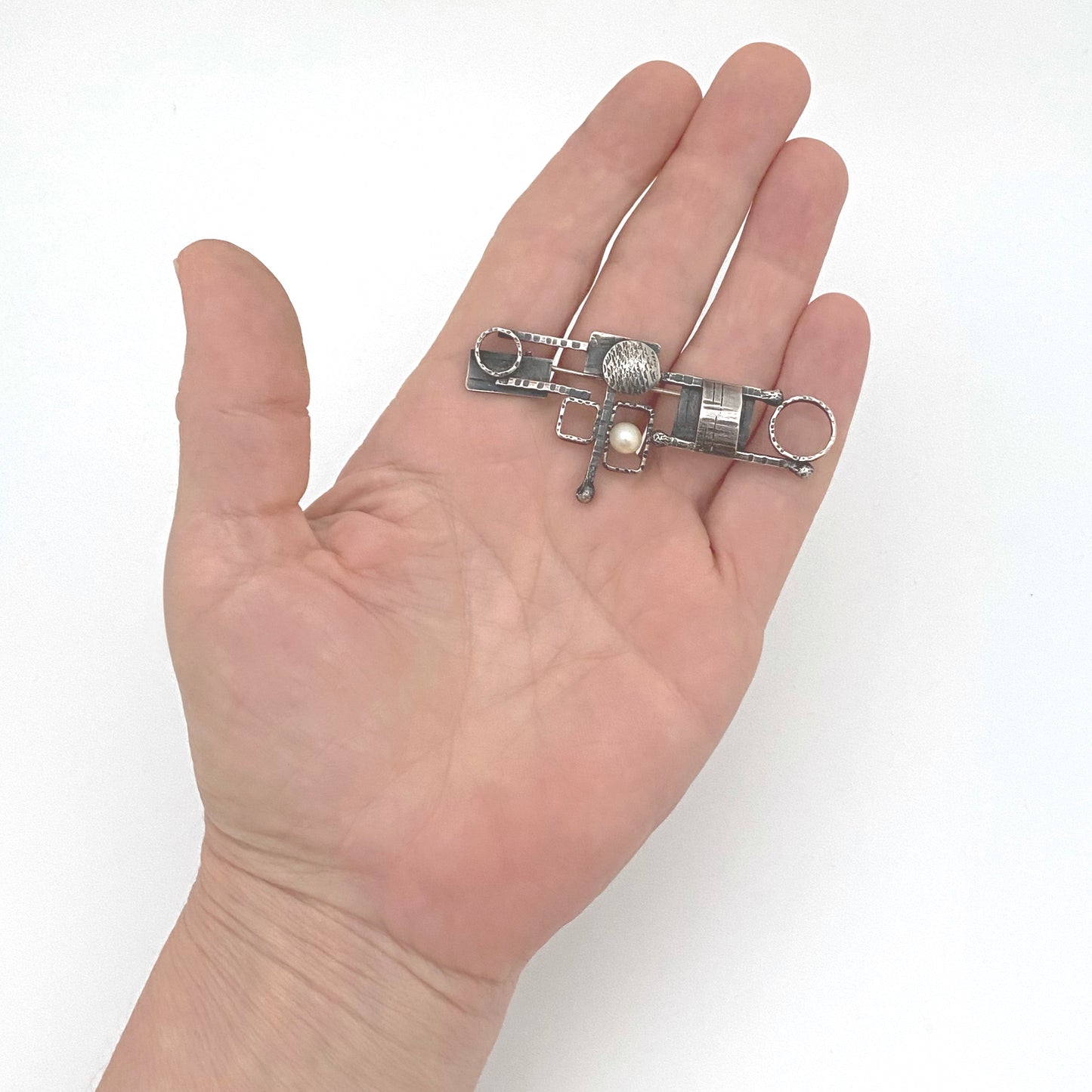 vintage textured sterling silver & pearl constructivist brooch