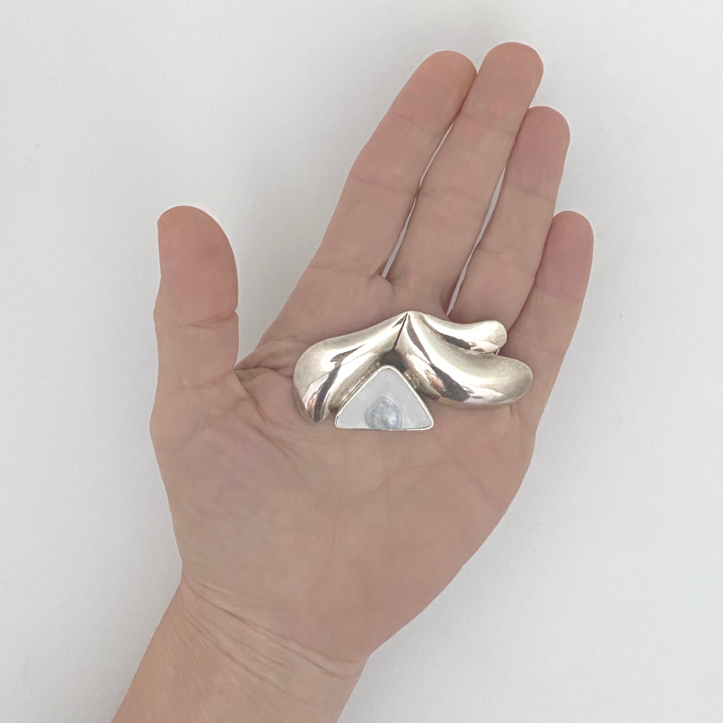 scale vintage silver mother of pearl brooch Gdansk Poland Modernist jewelry design