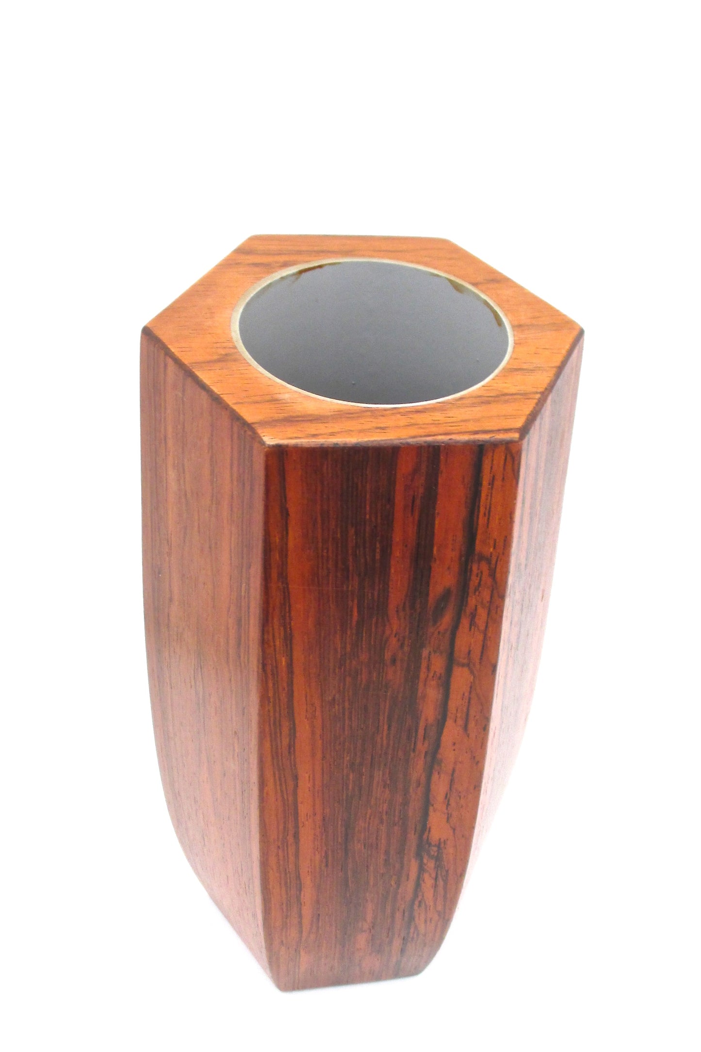 detail vintage tapering hexagonal rosewood vase made in Denmark Scandinavian Modern design
