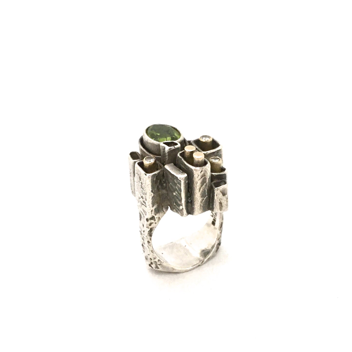 detail Walter Schluep Canada large sculptural vintage silver gold diamonds peridot ring Modernist jewelry design