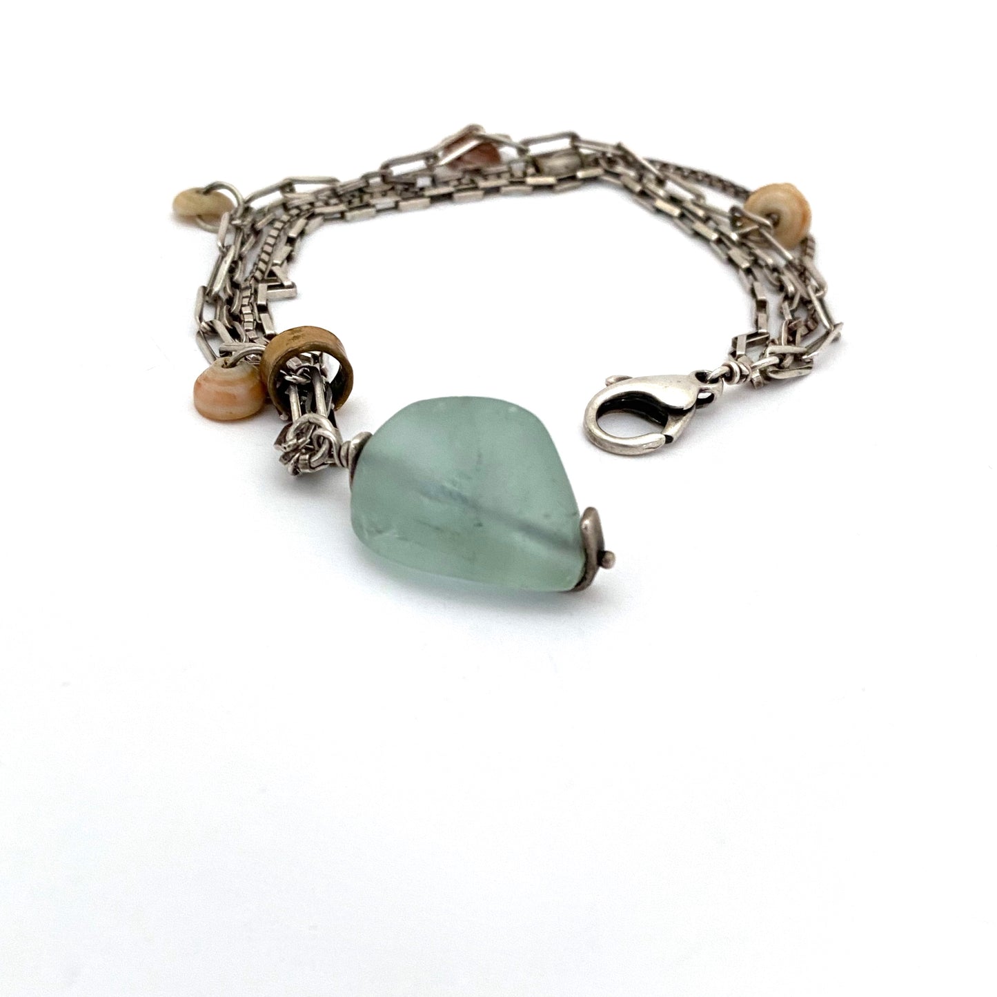 catch and slide Beth Orduna USA silver beach glass shells multi chain bracelet