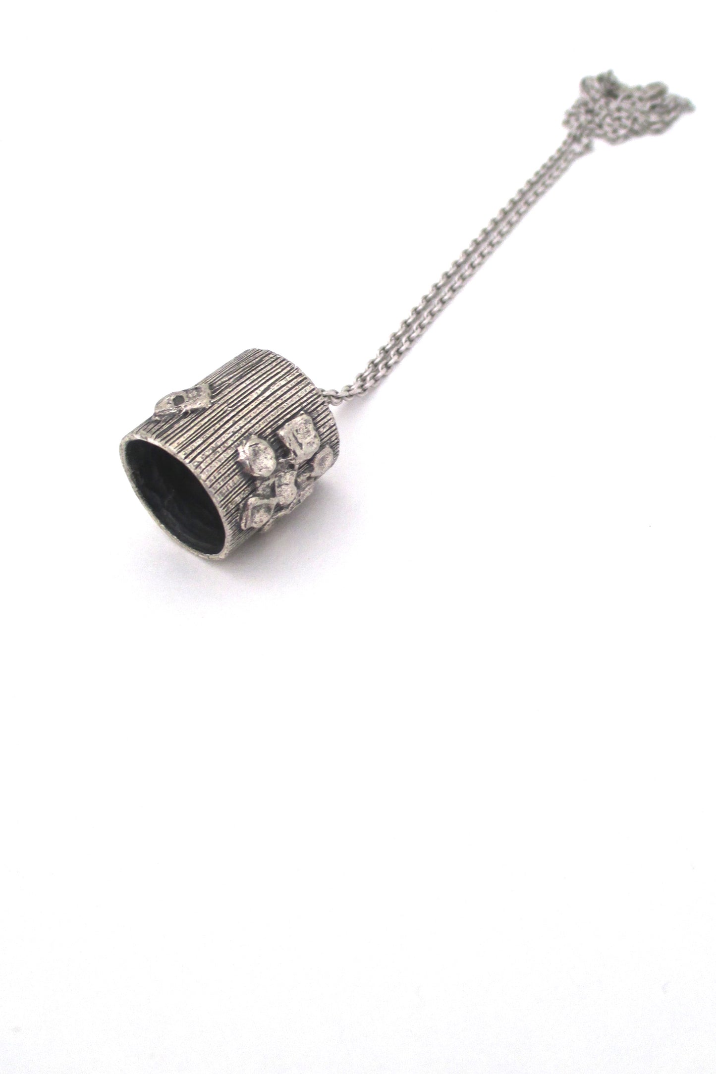 inside Guy Vidal Canada vintage brutalist pewter bell shaped pendant necklace fairly scarce