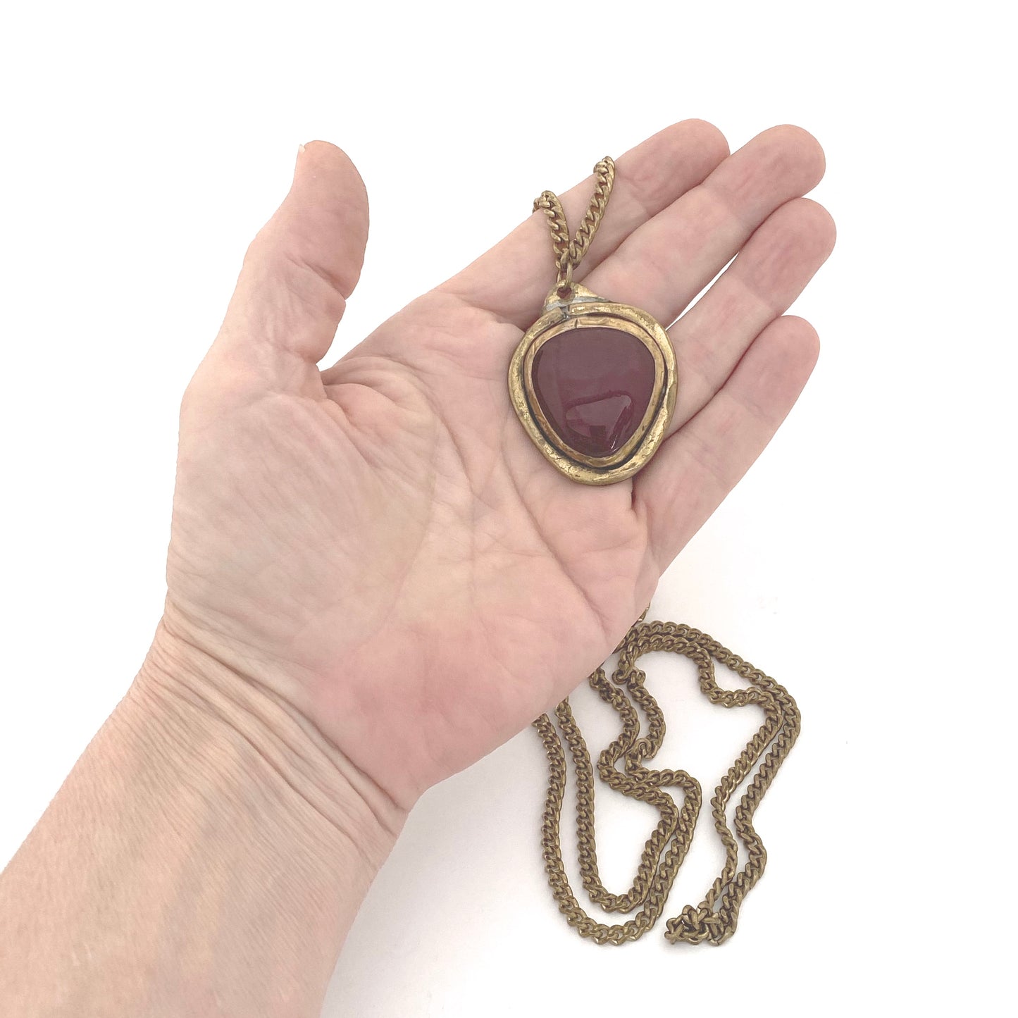Rafael Canada extra long opaque red & brass pendant necklace